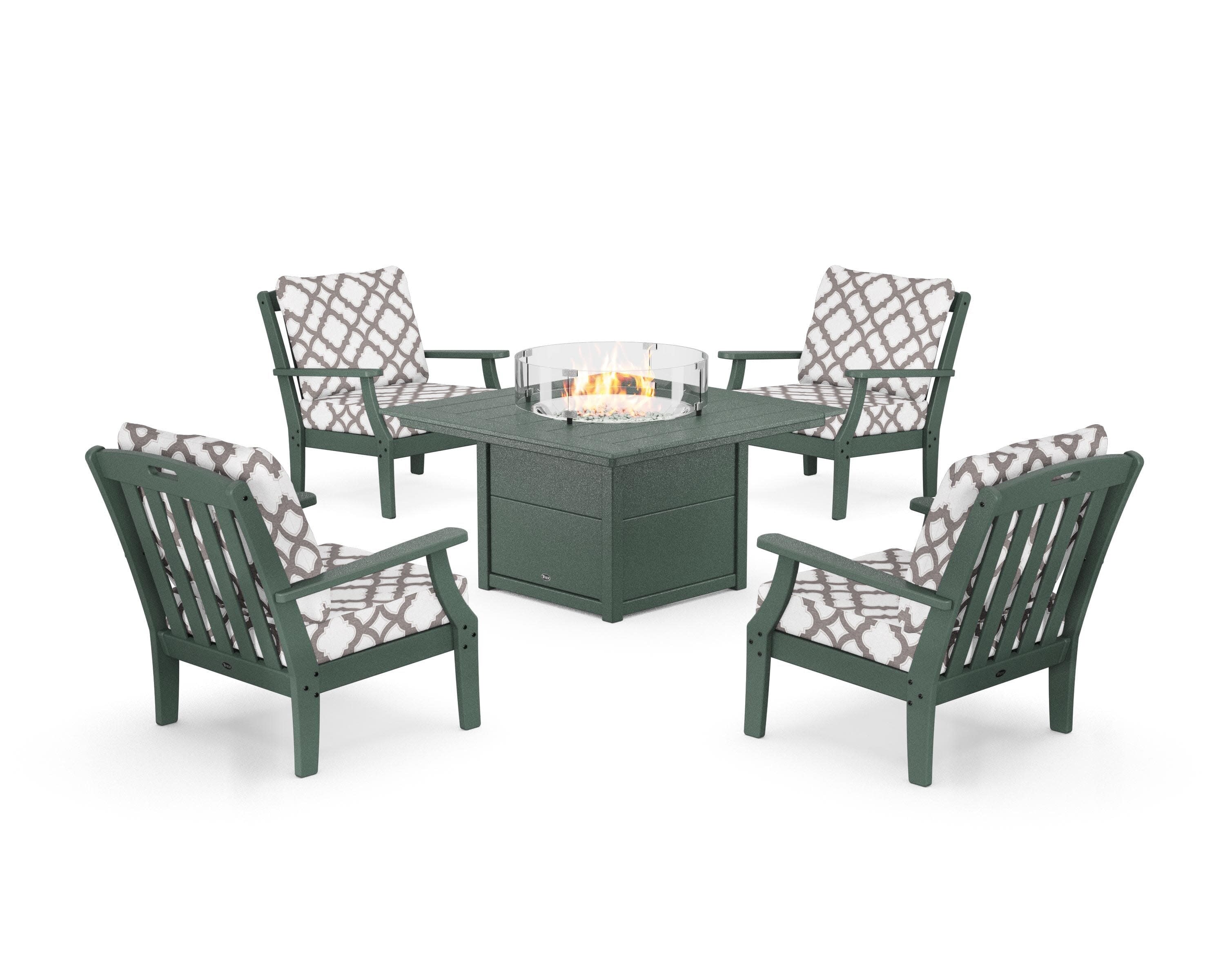 Yacht Club 5-Piece Deep Seating Set with Square Fire Pit Table in Rainforest Canopy / Trellis Grey Mist