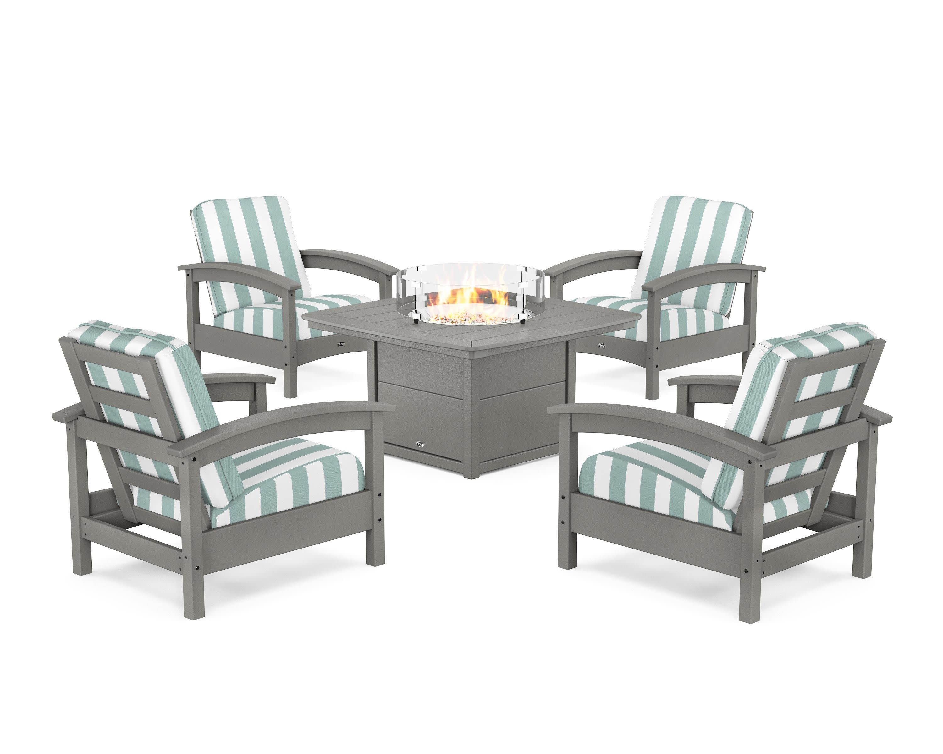 Rockport 5-Piece Deep Seating Set with Yacht Club Fire Pit Table in Stepping Stone / Cabana Stripe Glacier Spa