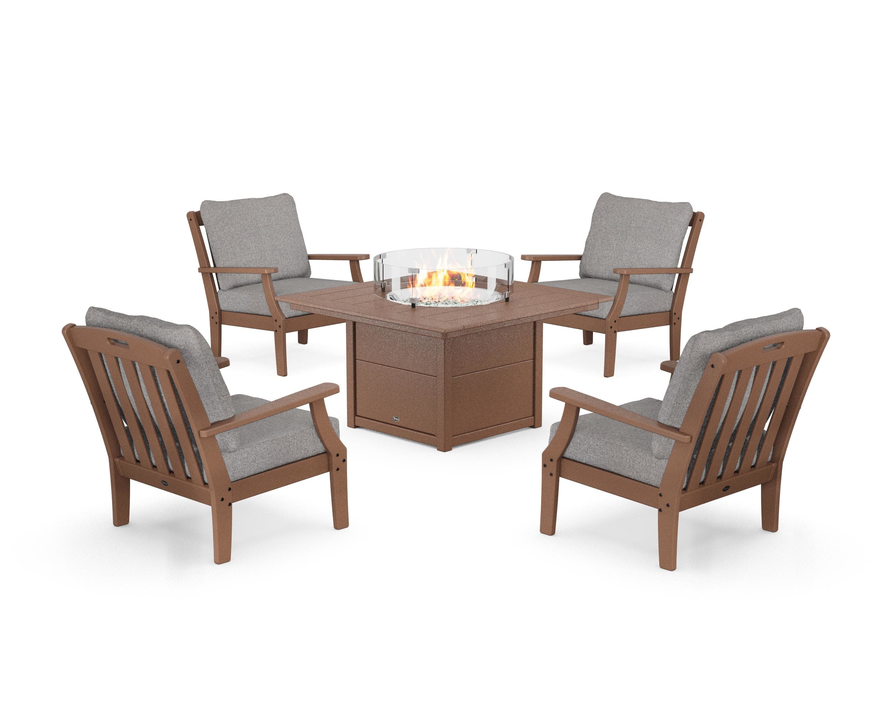 Yacht Club 5-Piece Deep Seating Set with Square Fire Pit Table in Tree House / Grey Mist