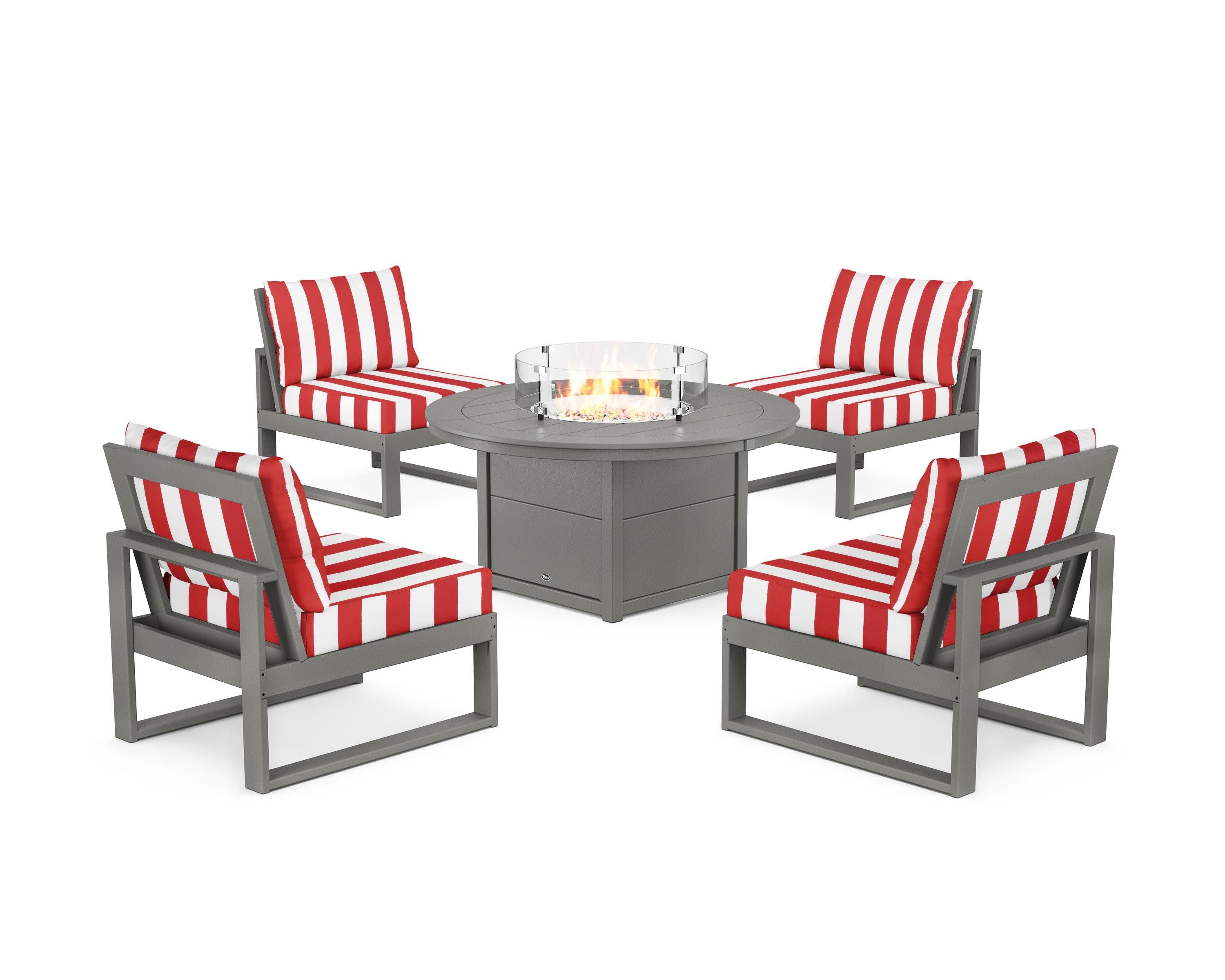 Eastport Modular 5-Piece Deep Seating Set with Round Fire Pit Table in Stepping Stone / Cabana Stripe Crimson