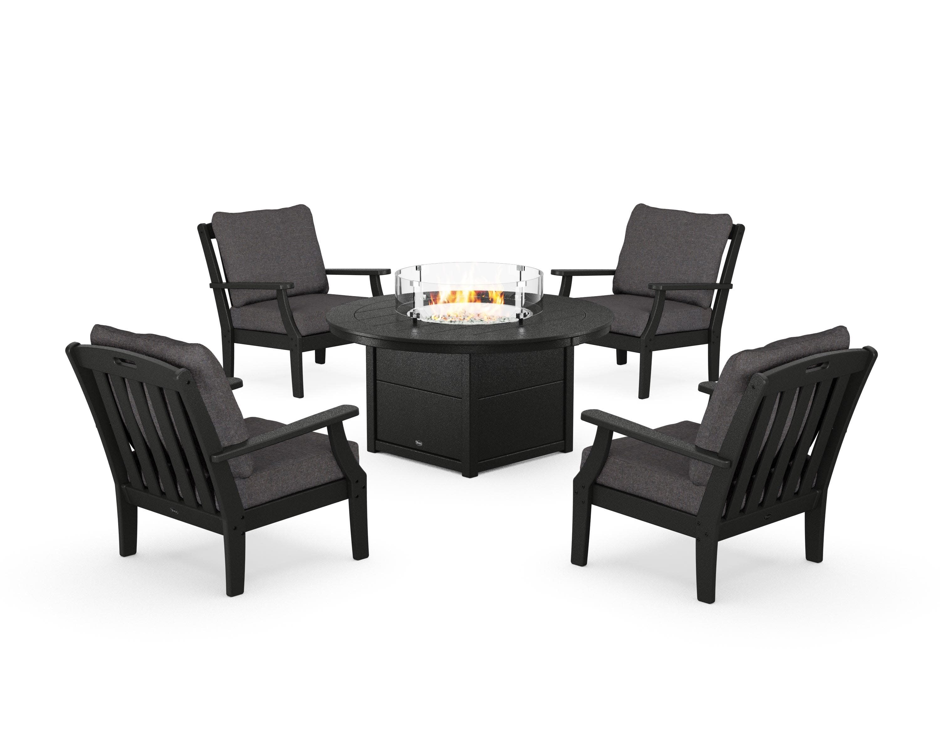 Yacht Club 5-Piece Deep Seating Set with Round Fire Pit Table in Charcoal Black / Ash Charcoal