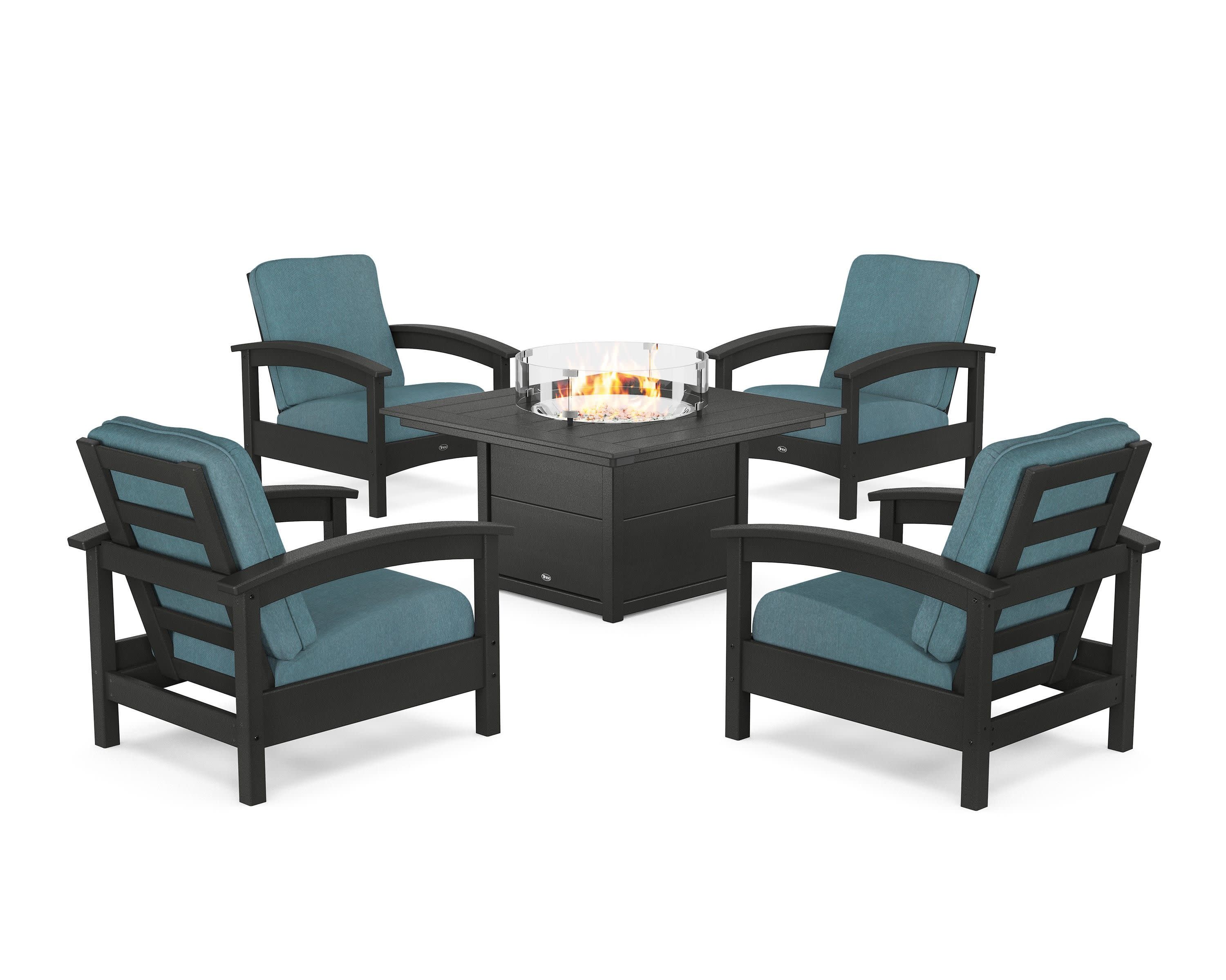 Rockport 5-Piece Deep Seating Set with Square Fire Pit Table in Charcoal Black / Ocean Teal