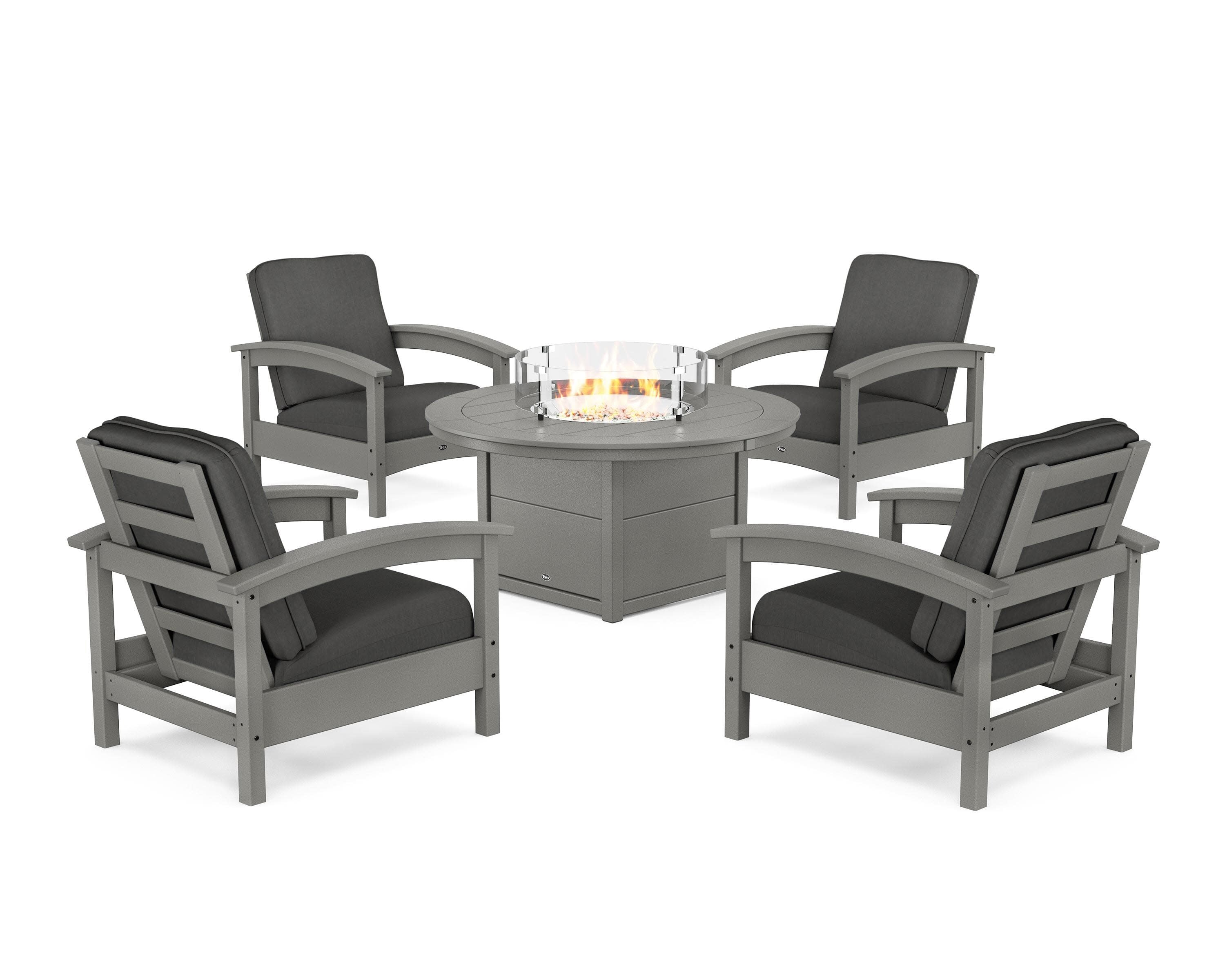 Rockport 5-Piece Deep Seating Set with Round Fire Pit Table in Stepping Stone / Spectrum Carbon