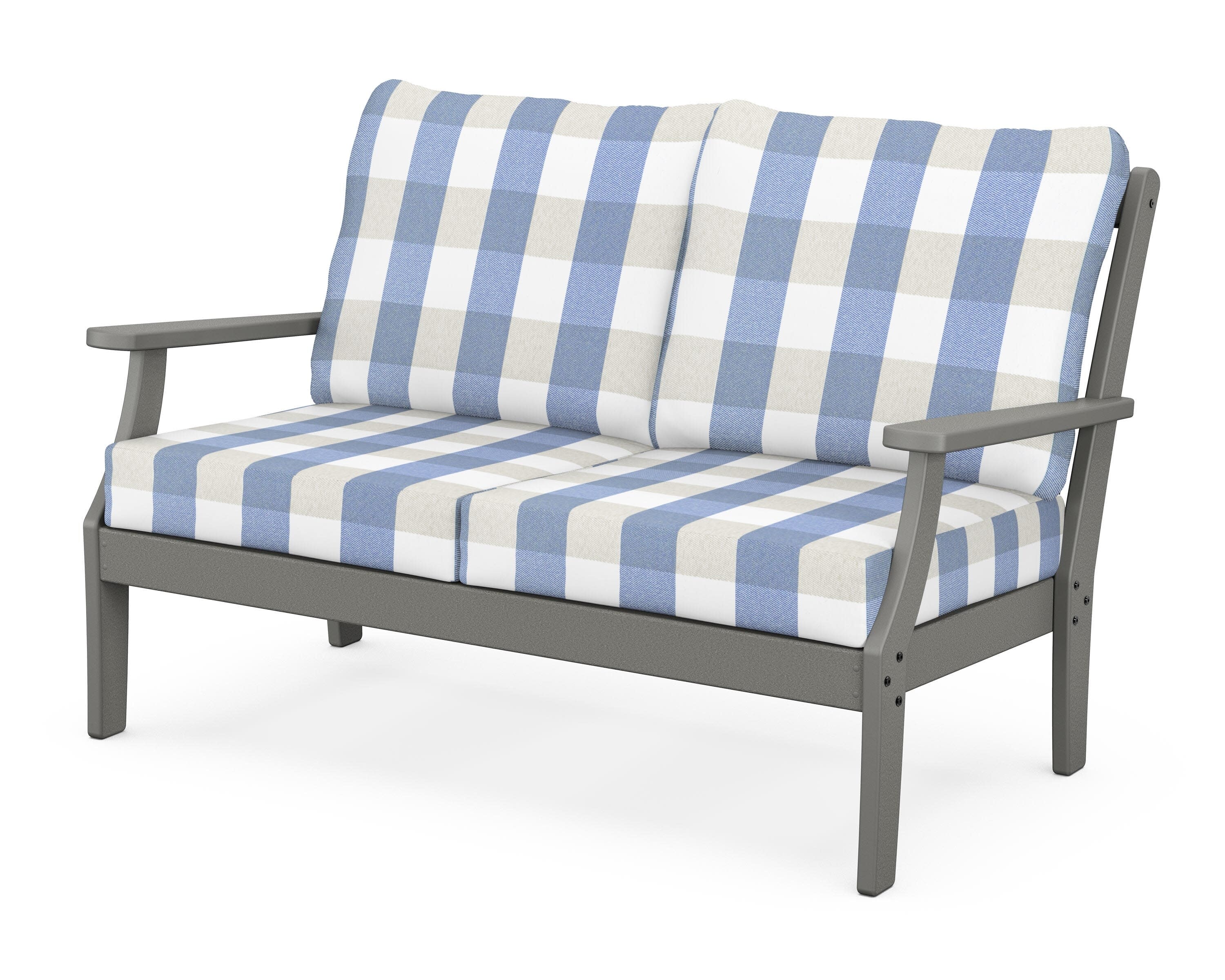 Yacht Club Deep Seating Loveseat in Stepping Stone / Buffalo Plaid Sky Blue