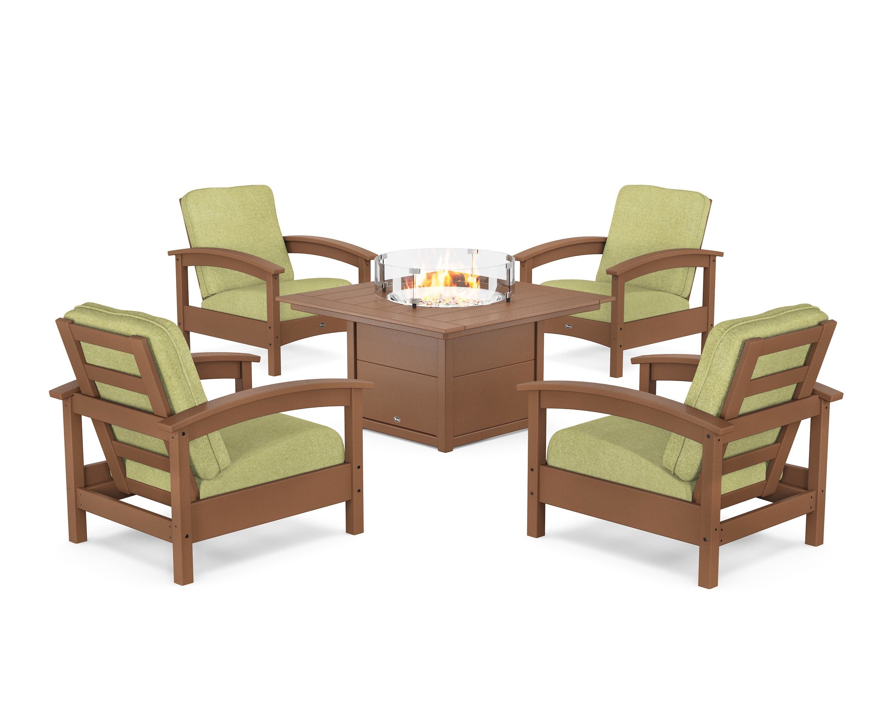 Rockport 5-Piece Deep Seating Set with Square Fire Pit Table in Tree House / Chartreuse Boucle