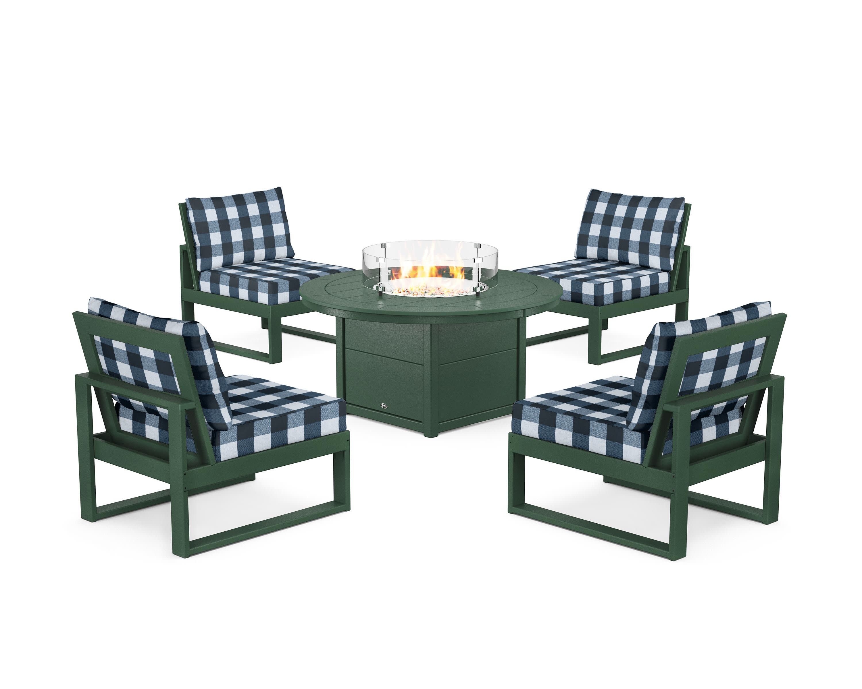 Eastport Modular 5-Piece Deep Seating Set with Round Fire Pit Table in Rainforest Canopy / Buffalo Plaid Marine Indigo