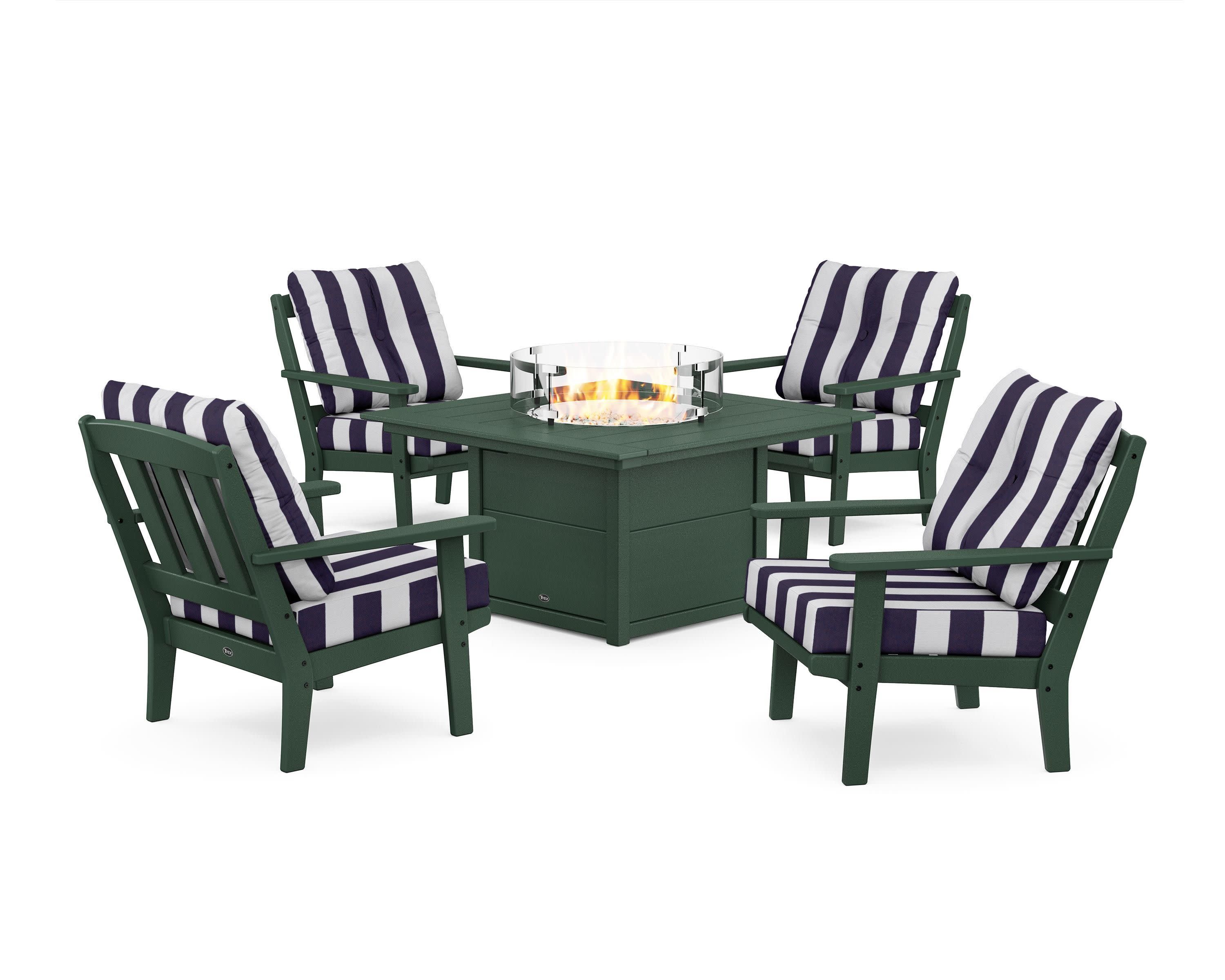 Cape Cod 5-Piece Deep Seating Set with Fire Pit Table in Rainforest Canopy / Cabana Stripe Navy