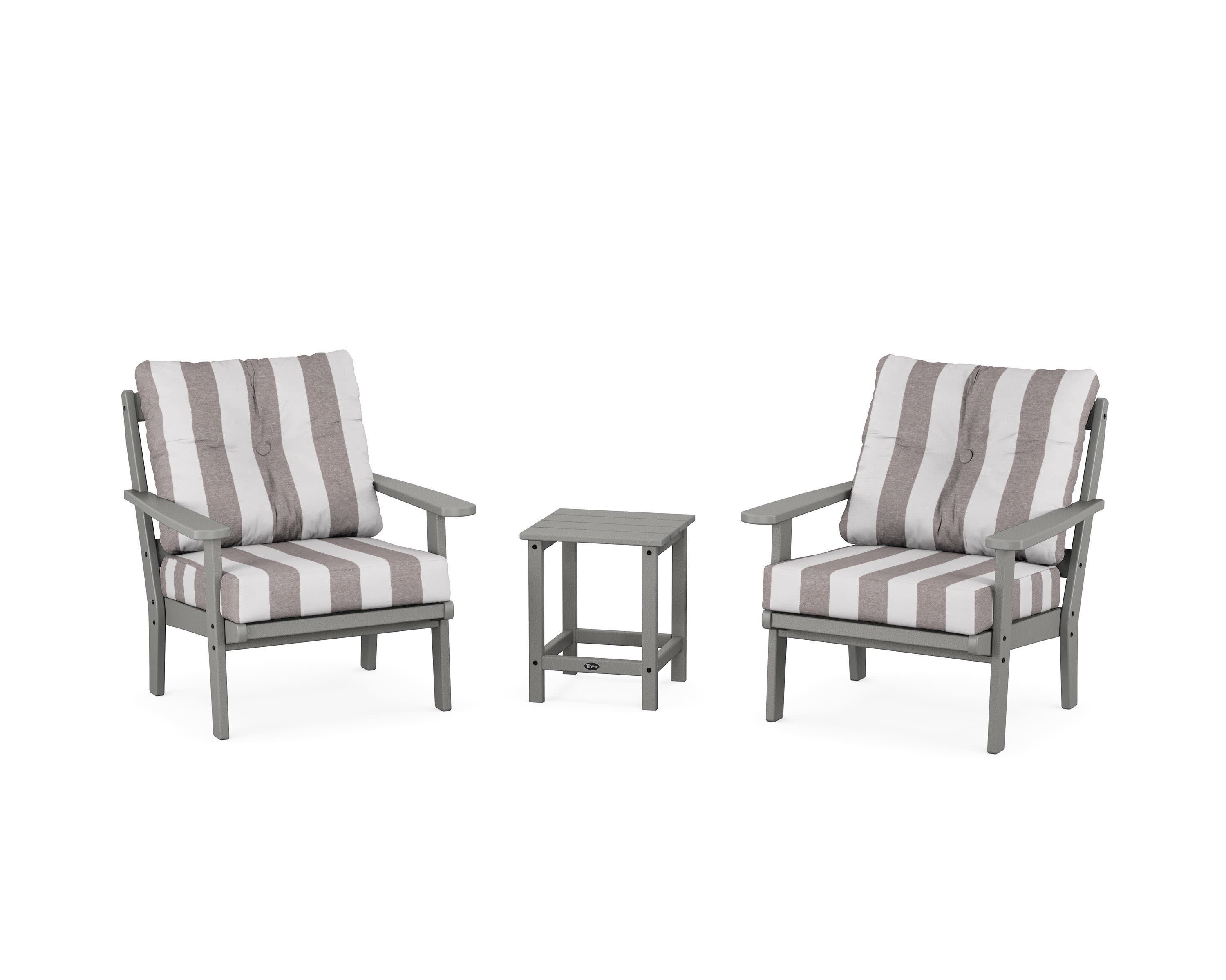 Cape Cod 3-Piece Deep Seating Set in Stepping Stone / Cabana Stripe Grey Mist