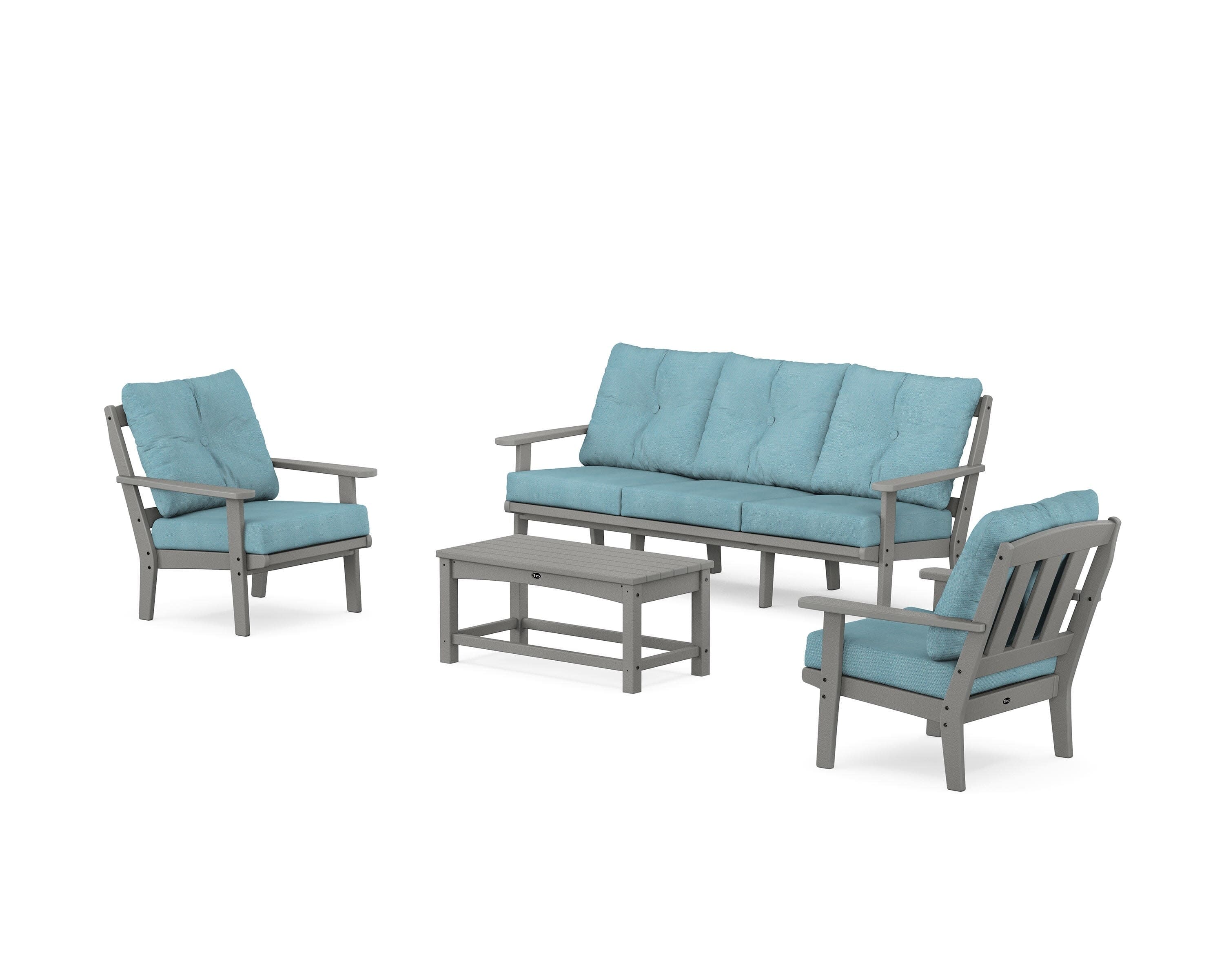 Cape Cod 4-Piece Deep Seating Set with Sofa in Stepping Stone / Lattice Sky Blue
