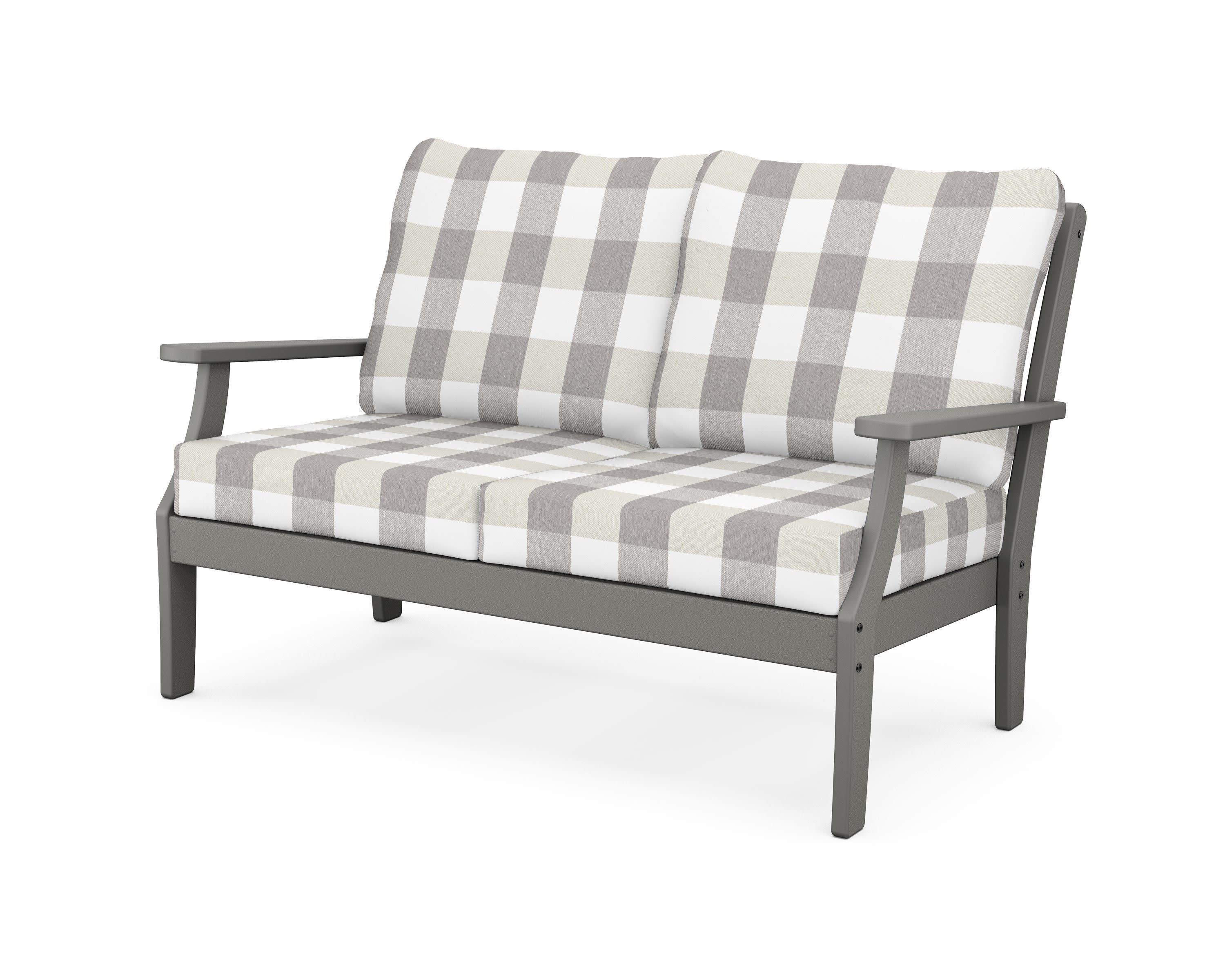 Yacht Club Deep Seating Loveseat in Stepping Stone / Buffalo Plaid Grey Mist
