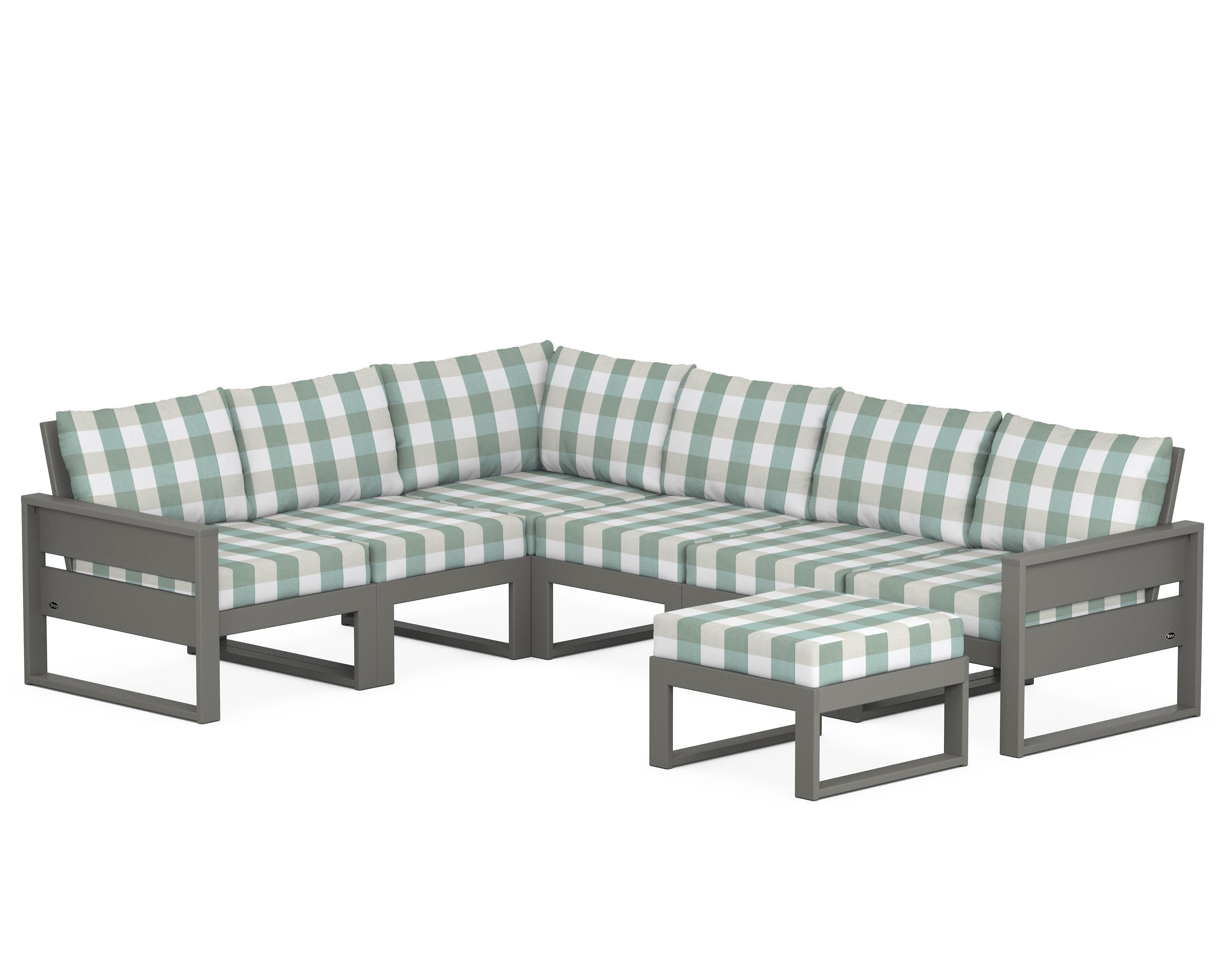 Eastport 6-Piece Sectional with Ottoman in Stepping Stone / Buffalo Plaid Glacier Spa