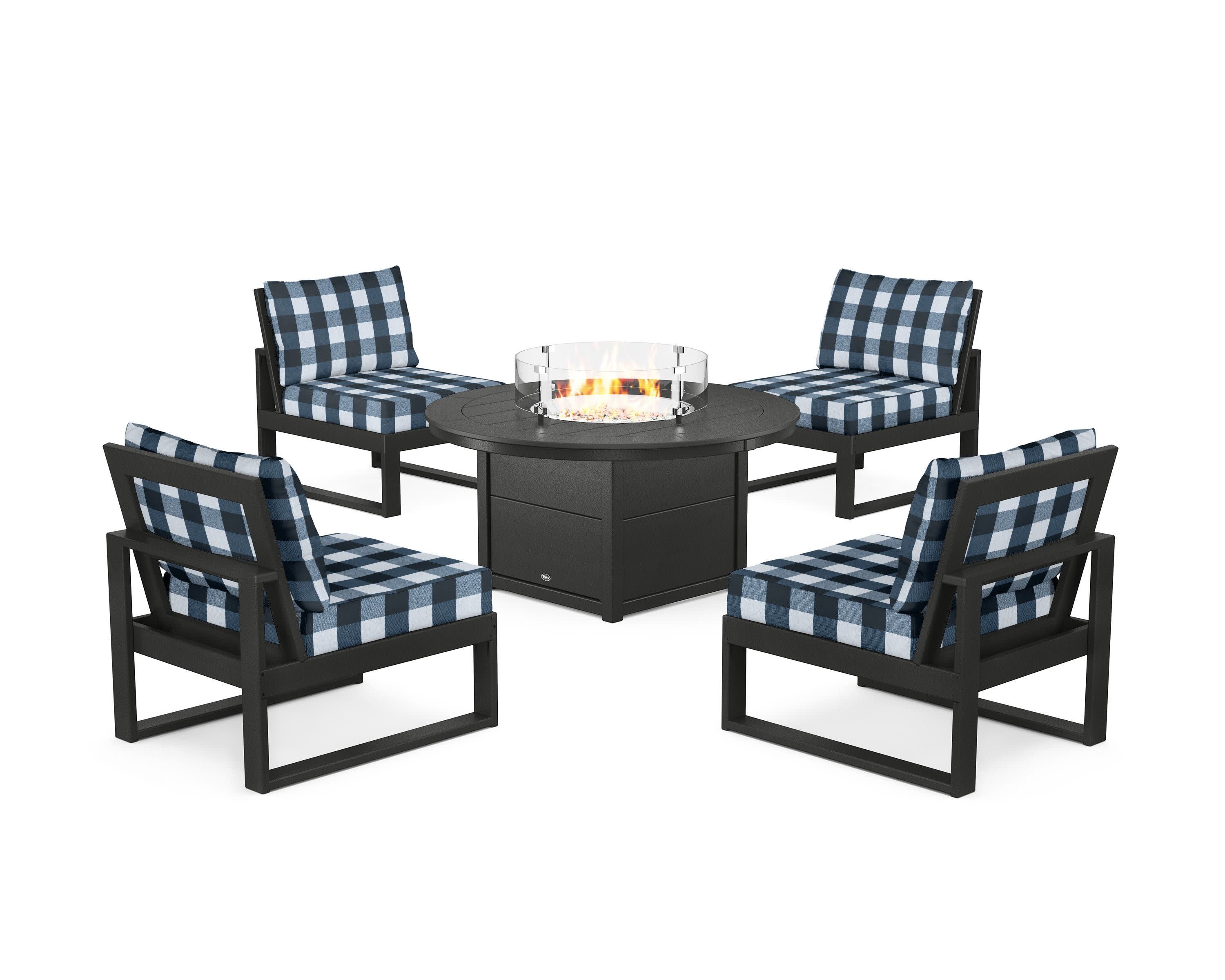 Eastport Modular 5-Piece Deep Seating Set with Round Fire Pit Table in Charcoal Black / Buffalo Plaid Marine Indigo