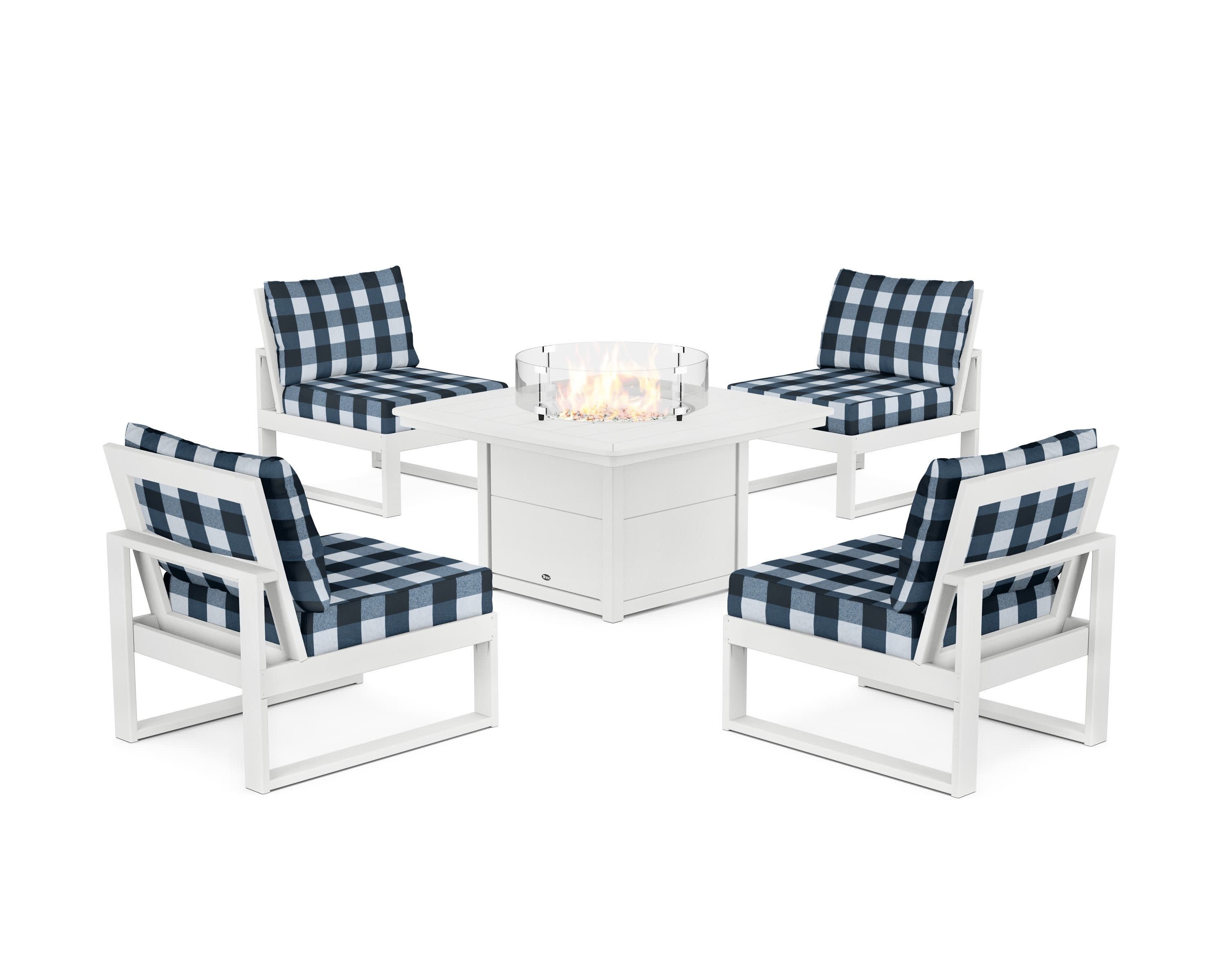 Eastport Modular 5-Piece Deep Seating Set with Yacht Club Fire Pit Table in Classic White / Buffalo Plaid Marine Indigo