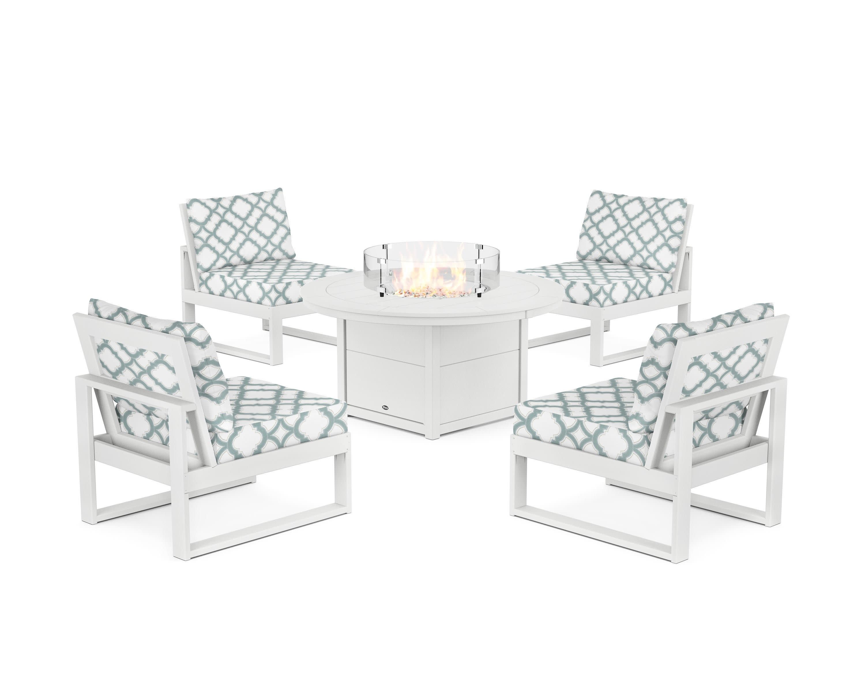 Eastport Modular 5-Piece Deep Seating Set with Round Fire Pit Table in Classic White / Trellis Glacier Spa