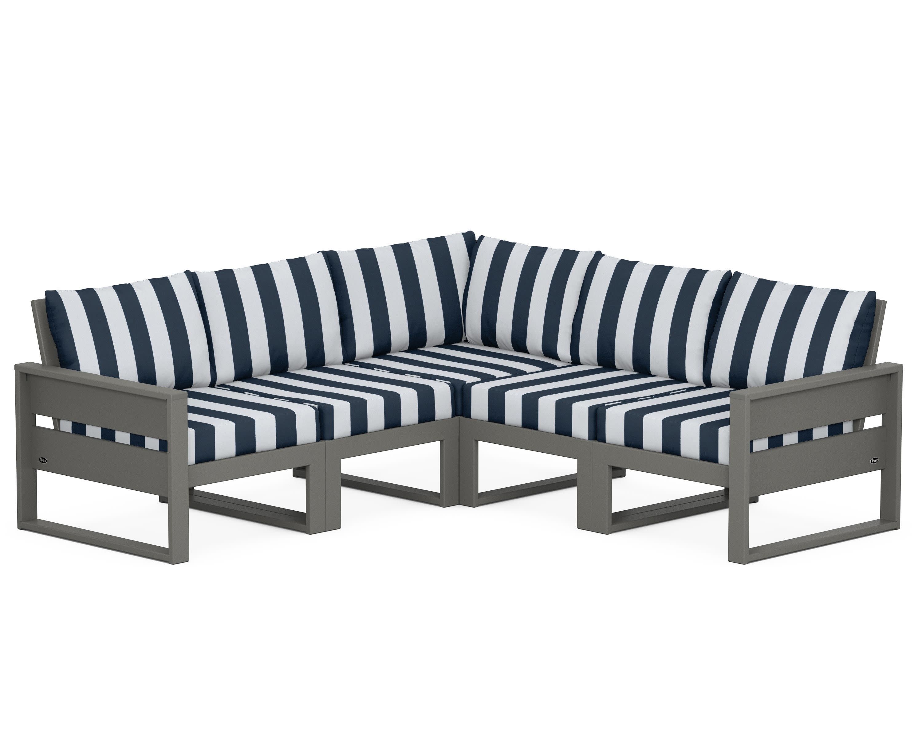 Eastport 5-Piece Sectional in Stepping Stone / Cabana Stripe Marine Indigo
