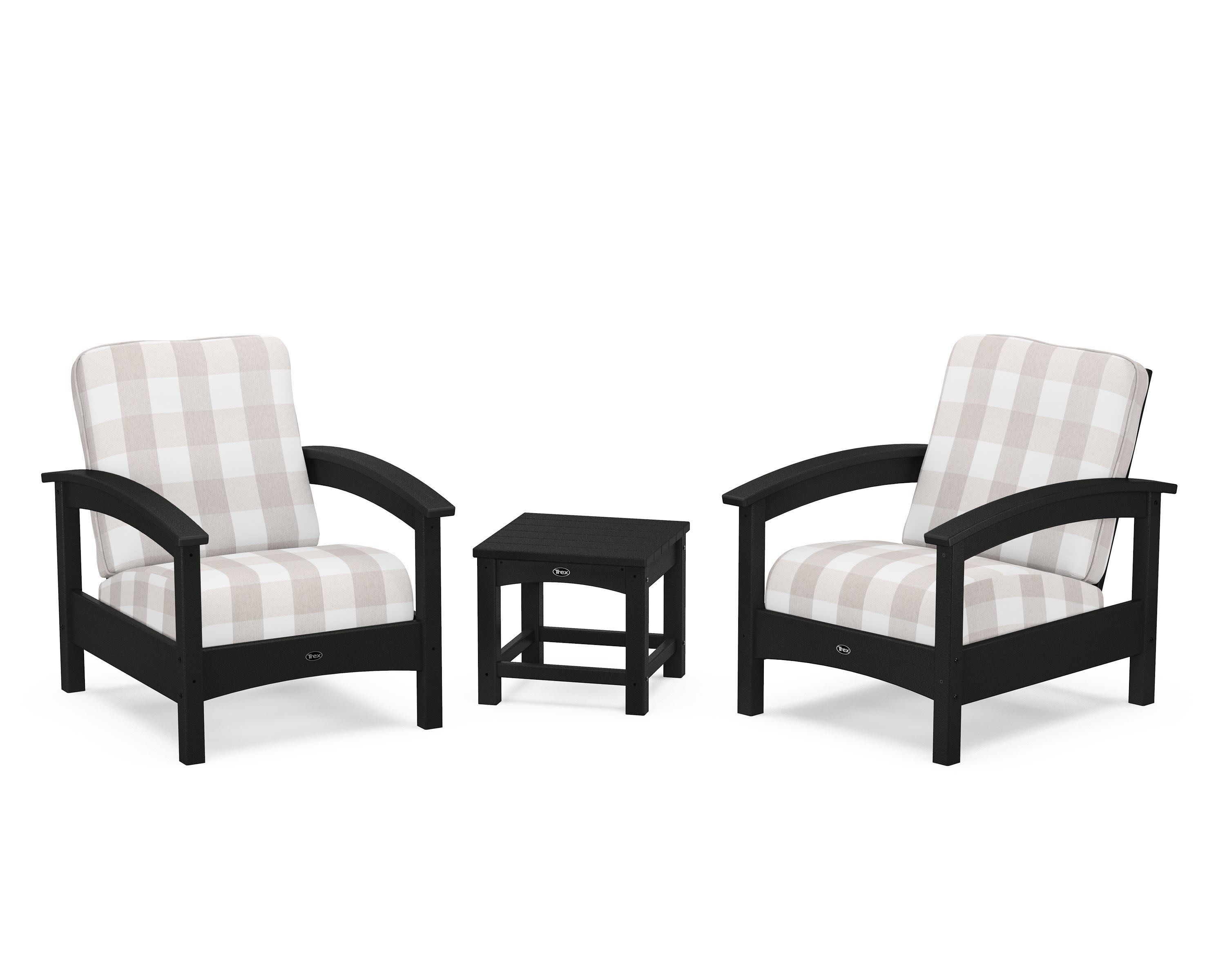 Rockport Club 3-Piece Deep Seating Conversation Set in Charcoal Black / Buffalo Plaid Dune Burlap