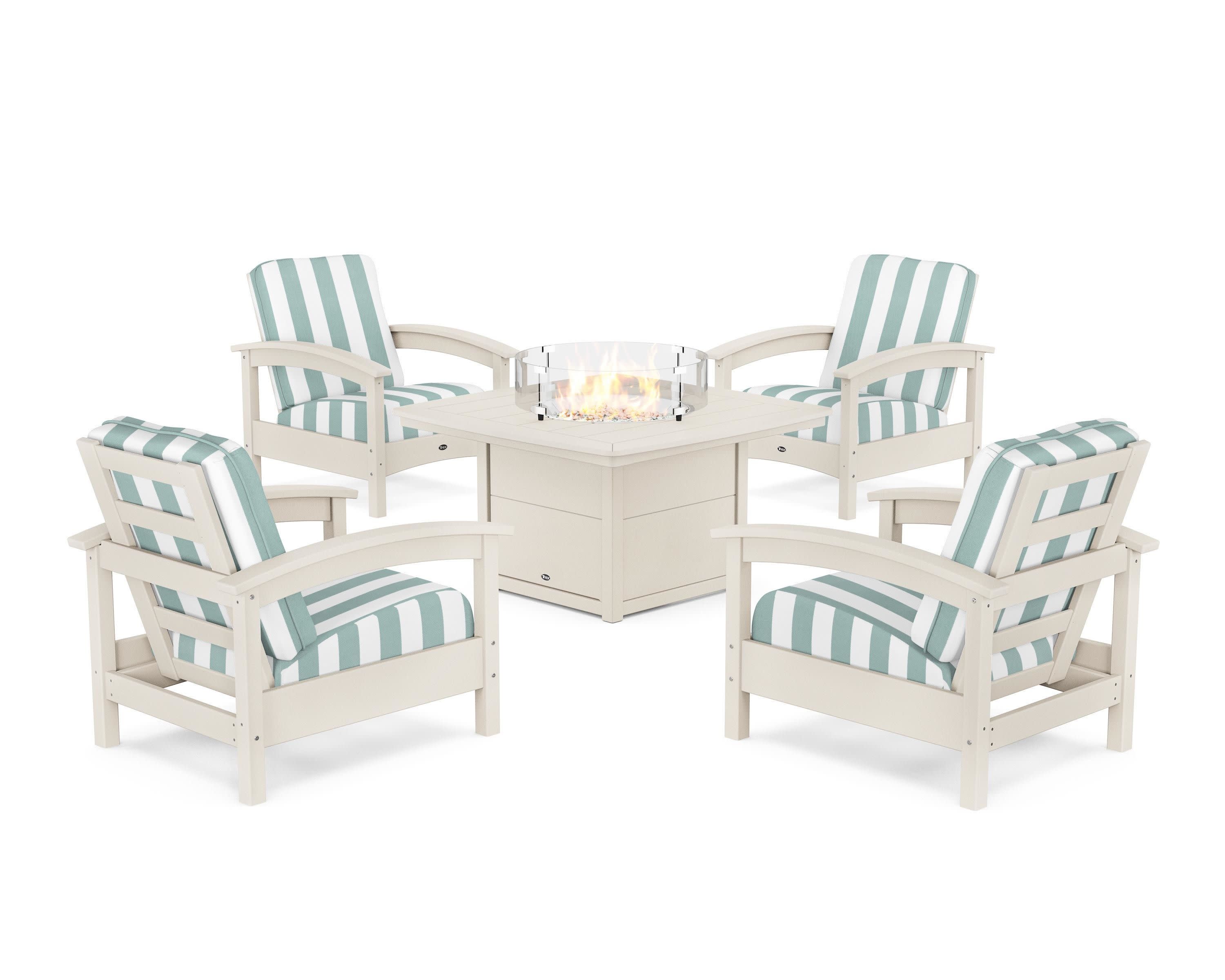 Rockport 5-Piece Deep Seating Set with Yacht Club Fire Pit Table in Sand Castle / Cabana Stripe Glacier Spa