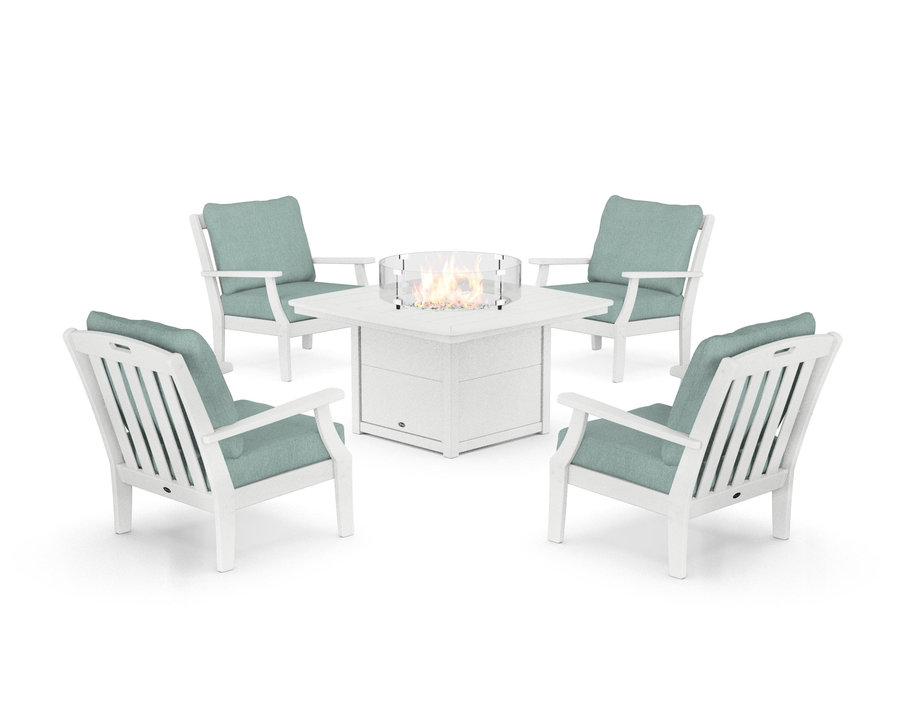Yacht Club 5-Piece Deep Seating Set with Fire Pit Table in Classic White / Glacier Spa