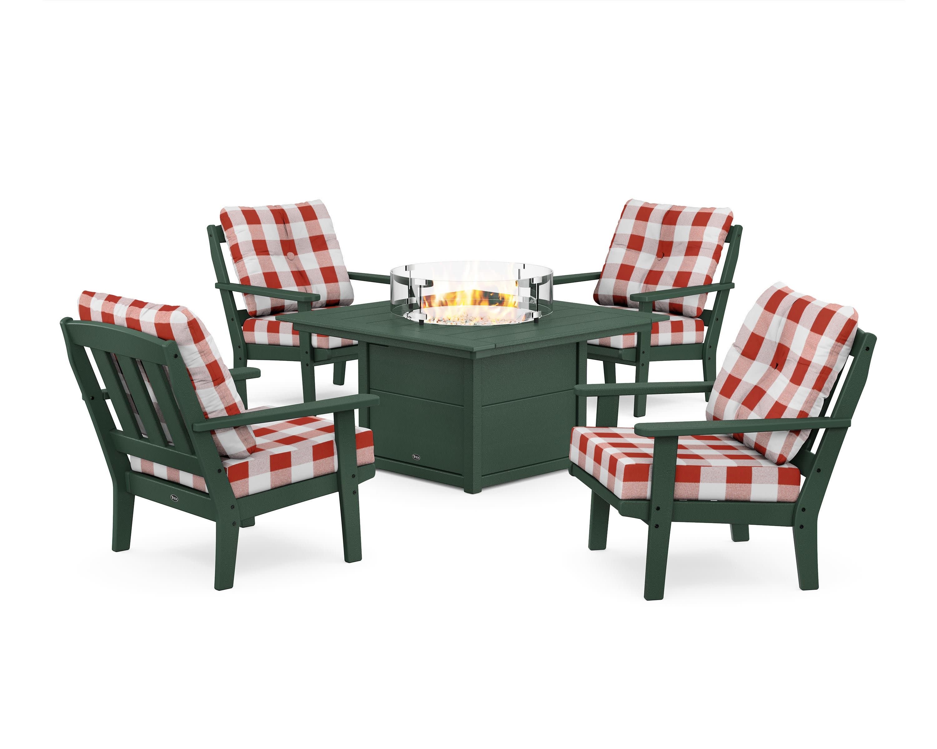 Cape Cod 5-Piece Deep Seating Set with Fire Pit Table in Rainforest Canopy / Buffalo Plaid Crimson