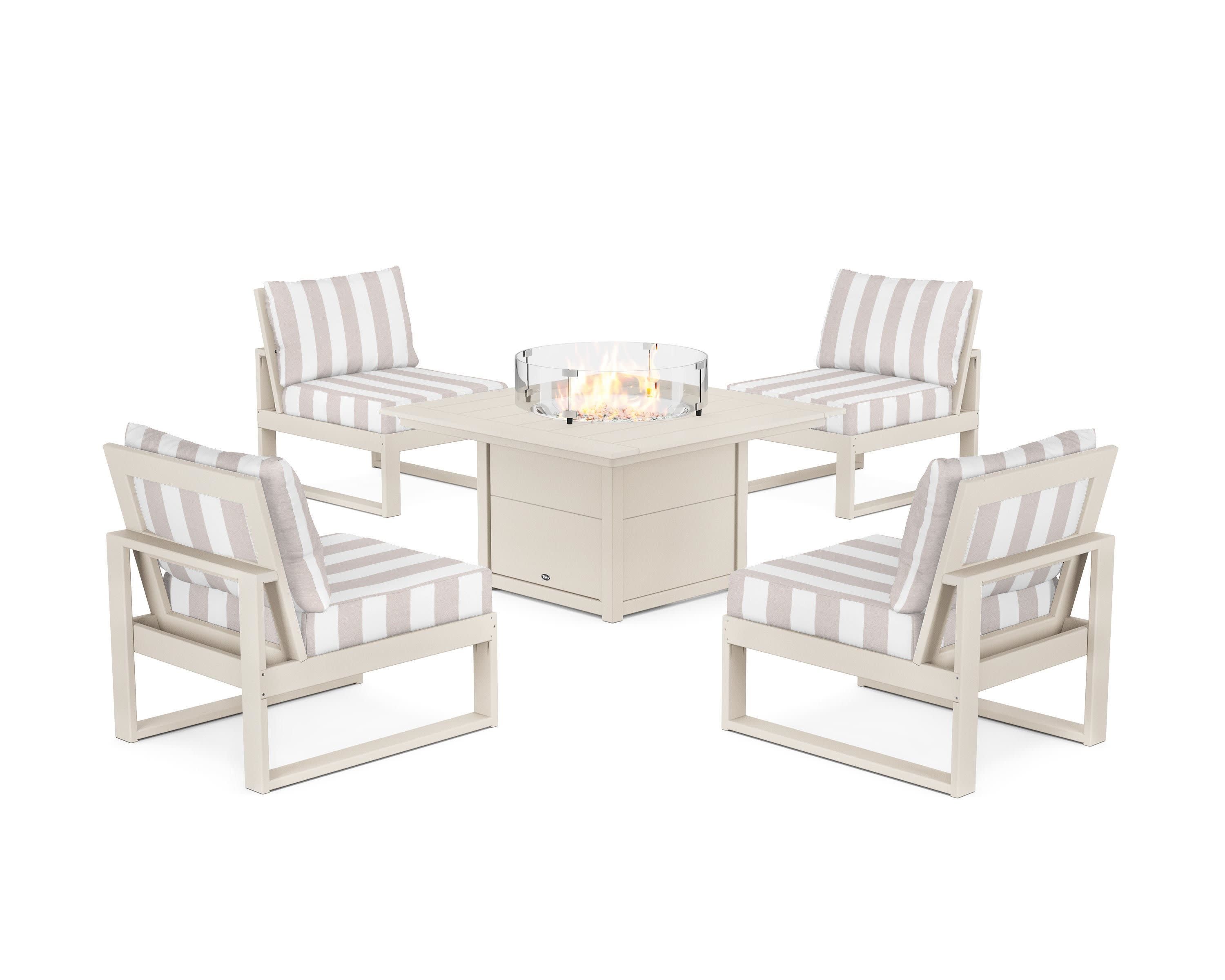 Eastport Modular 5-Piece Deep Seating Set with Square Fire Pit Table in Sand Castle / Cabana Stripe Dune Burlap