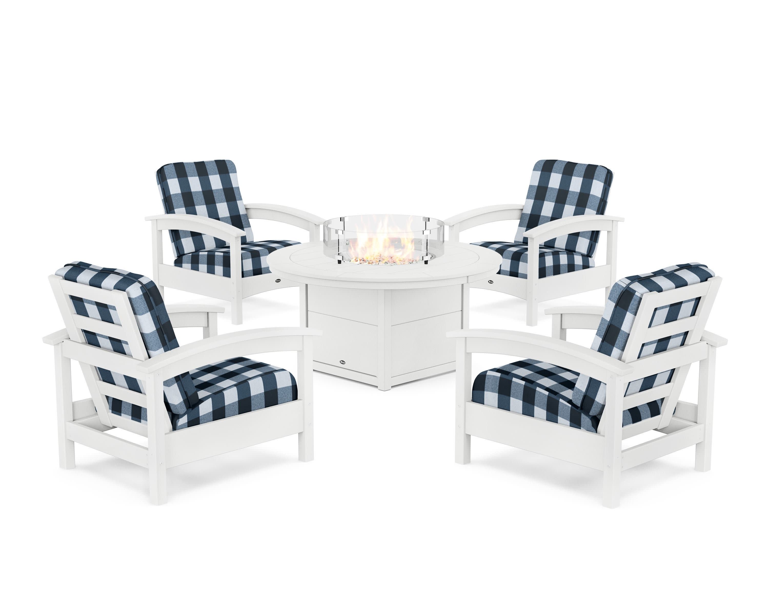 Rockport 5-Piece Deep Seating Set with Round Fire Pit Table in Classic White / Buffalo Plaid Marine Indigo