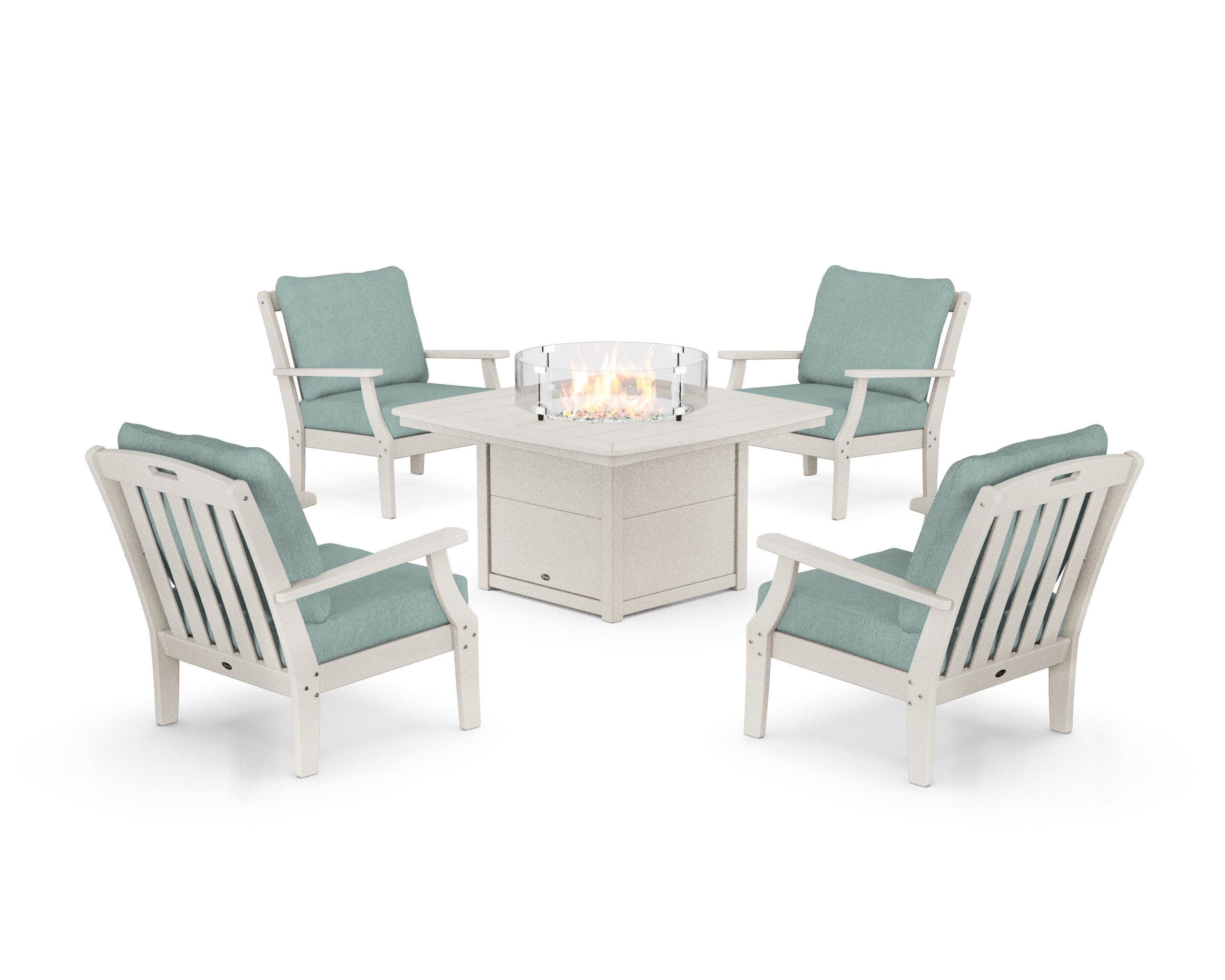 Yacht Club 5-Piece Deep Seating Set with Fire Pit Table in Sand Castle / Glacier Spa