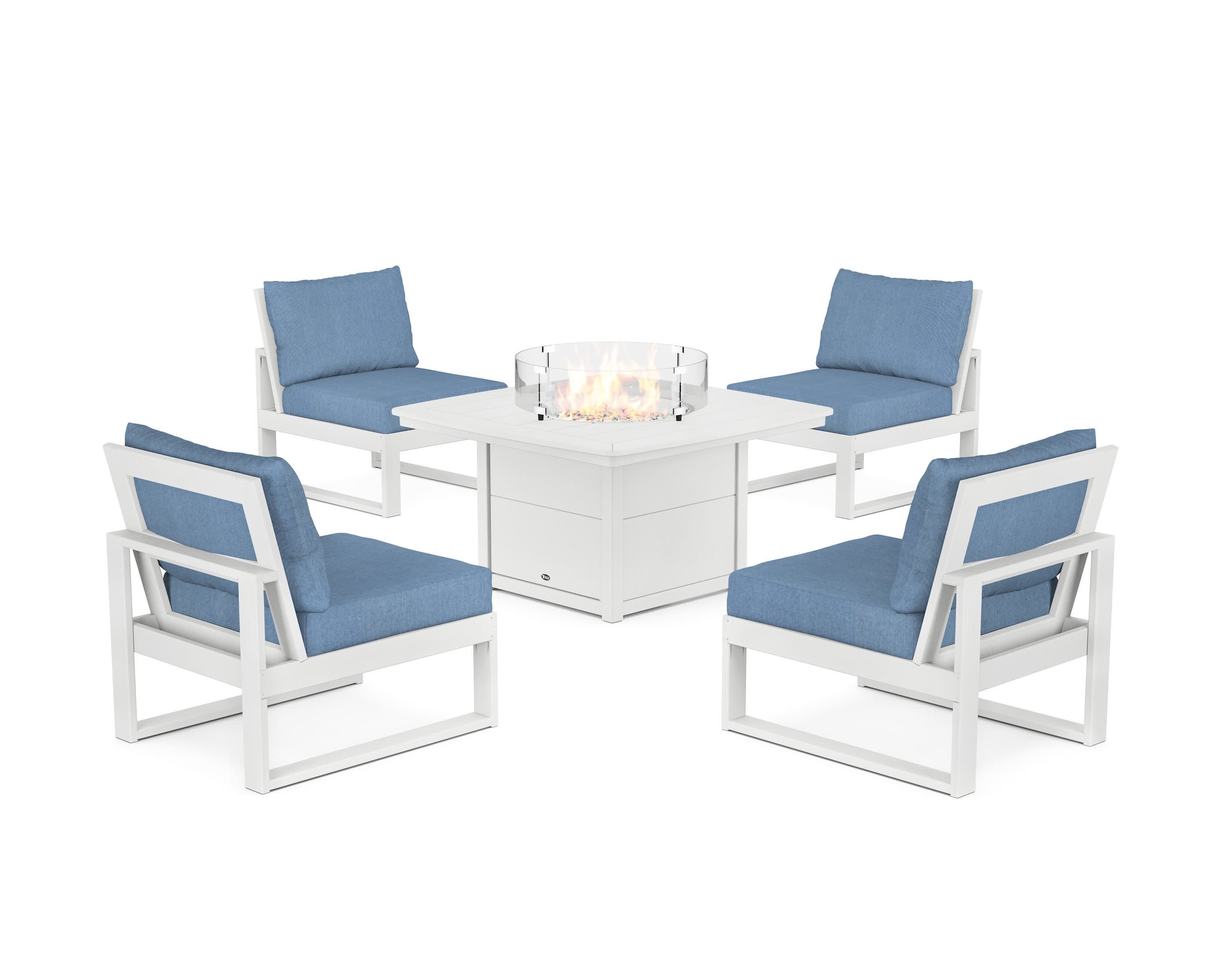 Eastport Modular 5-Piece Deep Seating Set with Yacht Club Fire Pit Table in Classic White / Sky Blue