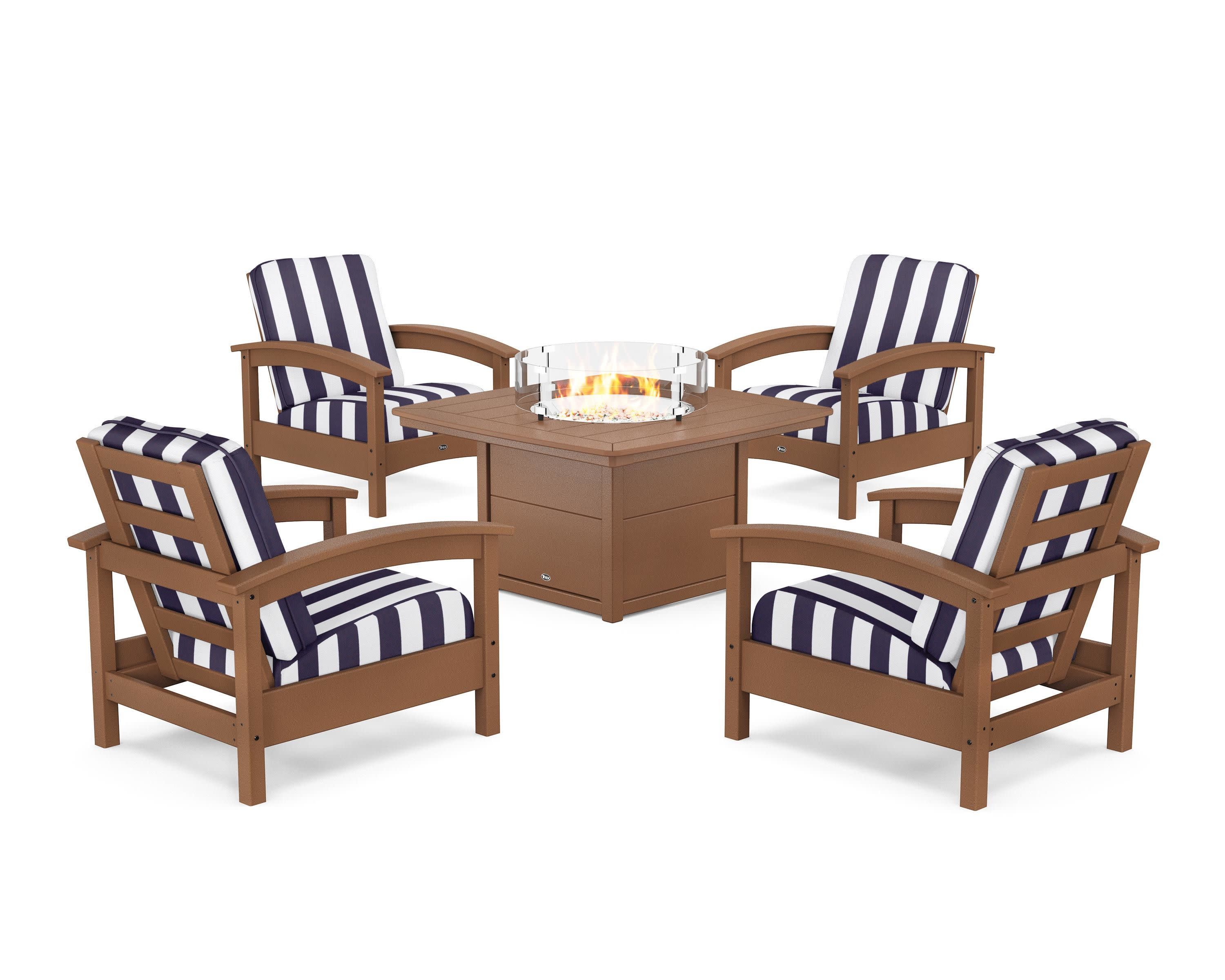 Rockport 5-Piece Deep Seating Set with Yacht Club Fire Pit Table in Tree House / Cabana Stripe Navy