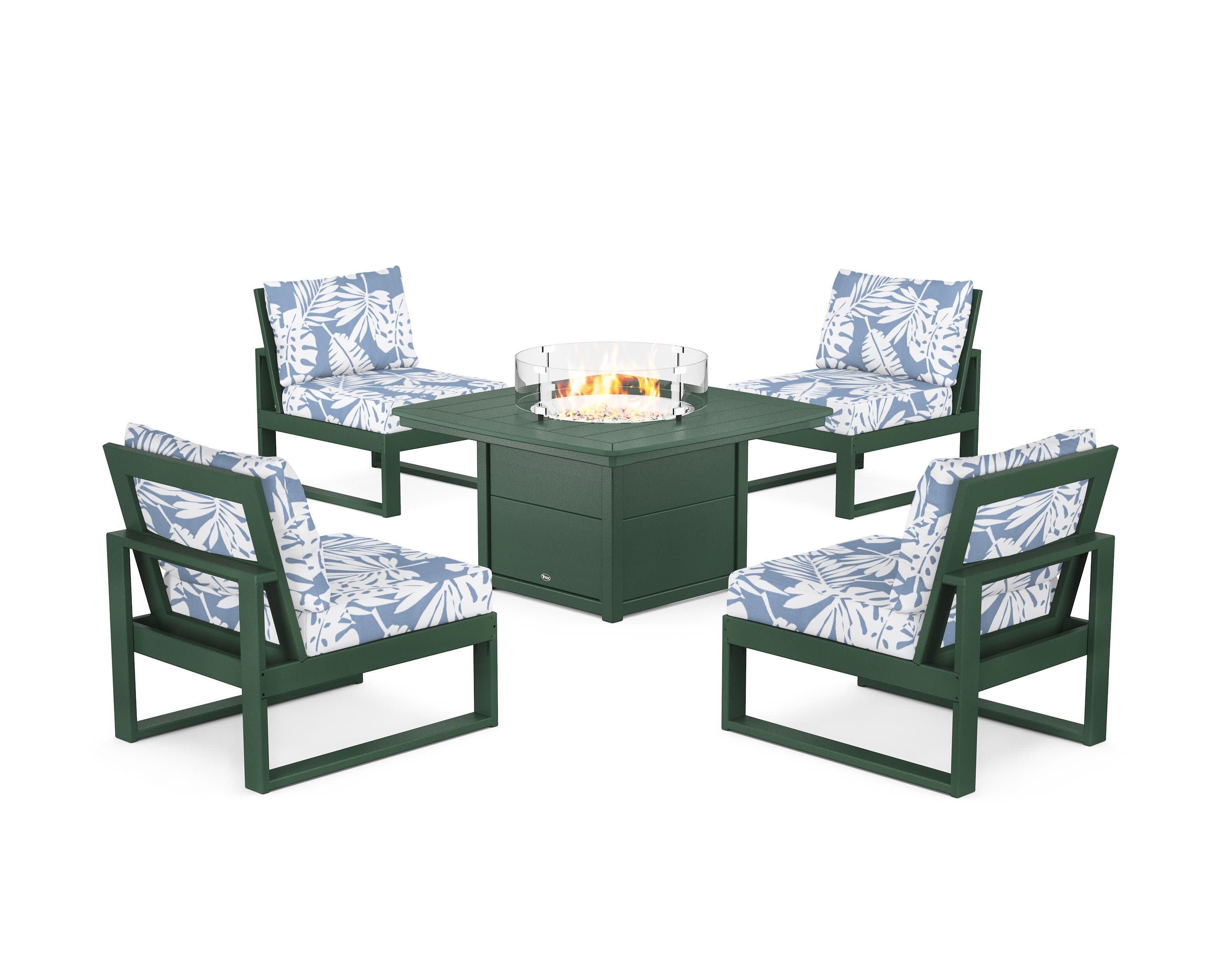 Eastport Modular 5-Piece Deep Seating Set with Yacht Club Fire Pit Table in Rainforest Canopy / Leaf Sky Blue
