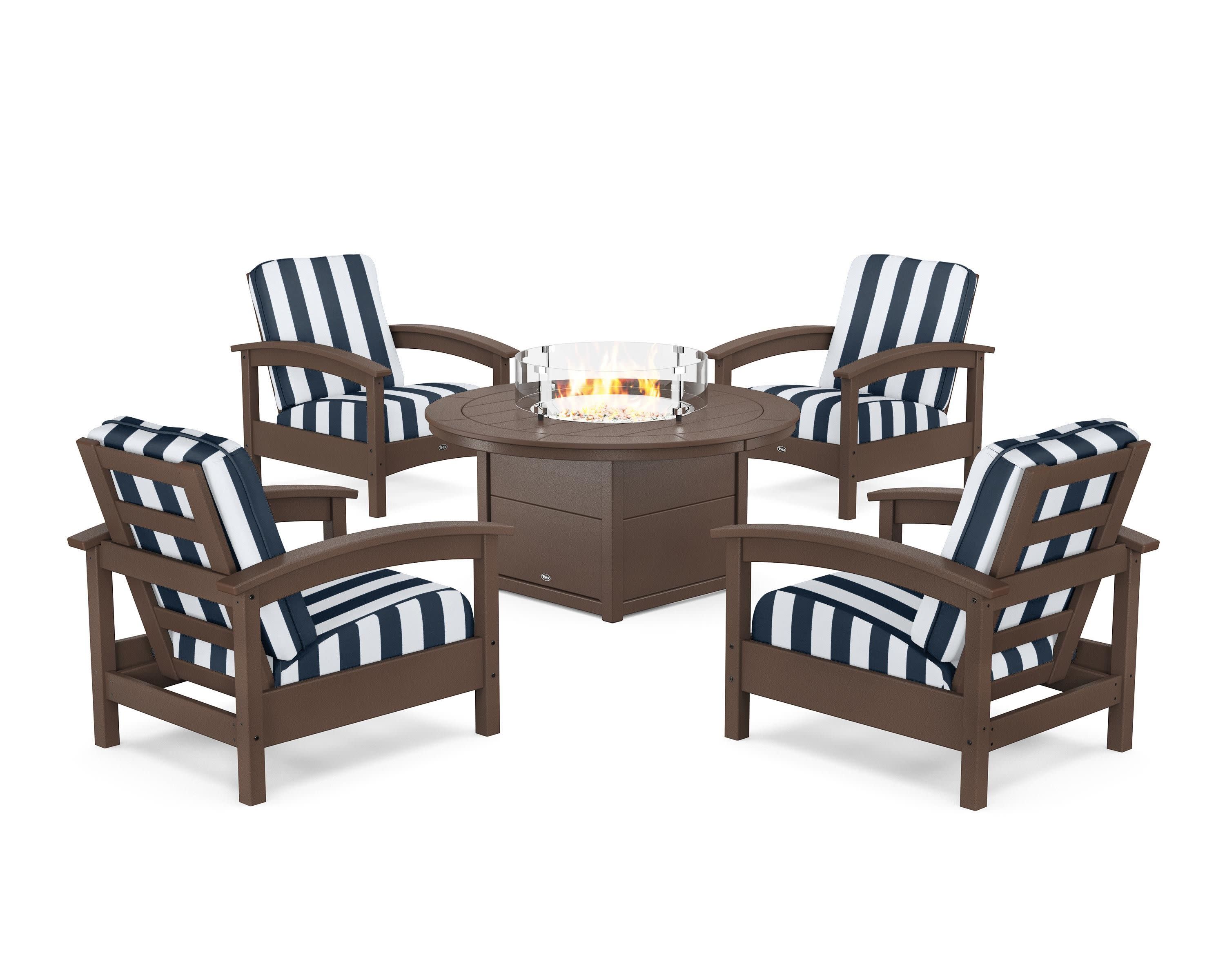 Rockport 5-Piece Deep Seating Set with Round Fire Pit Table in Vintage Lantern / Cabana Stripe Marine Indigo