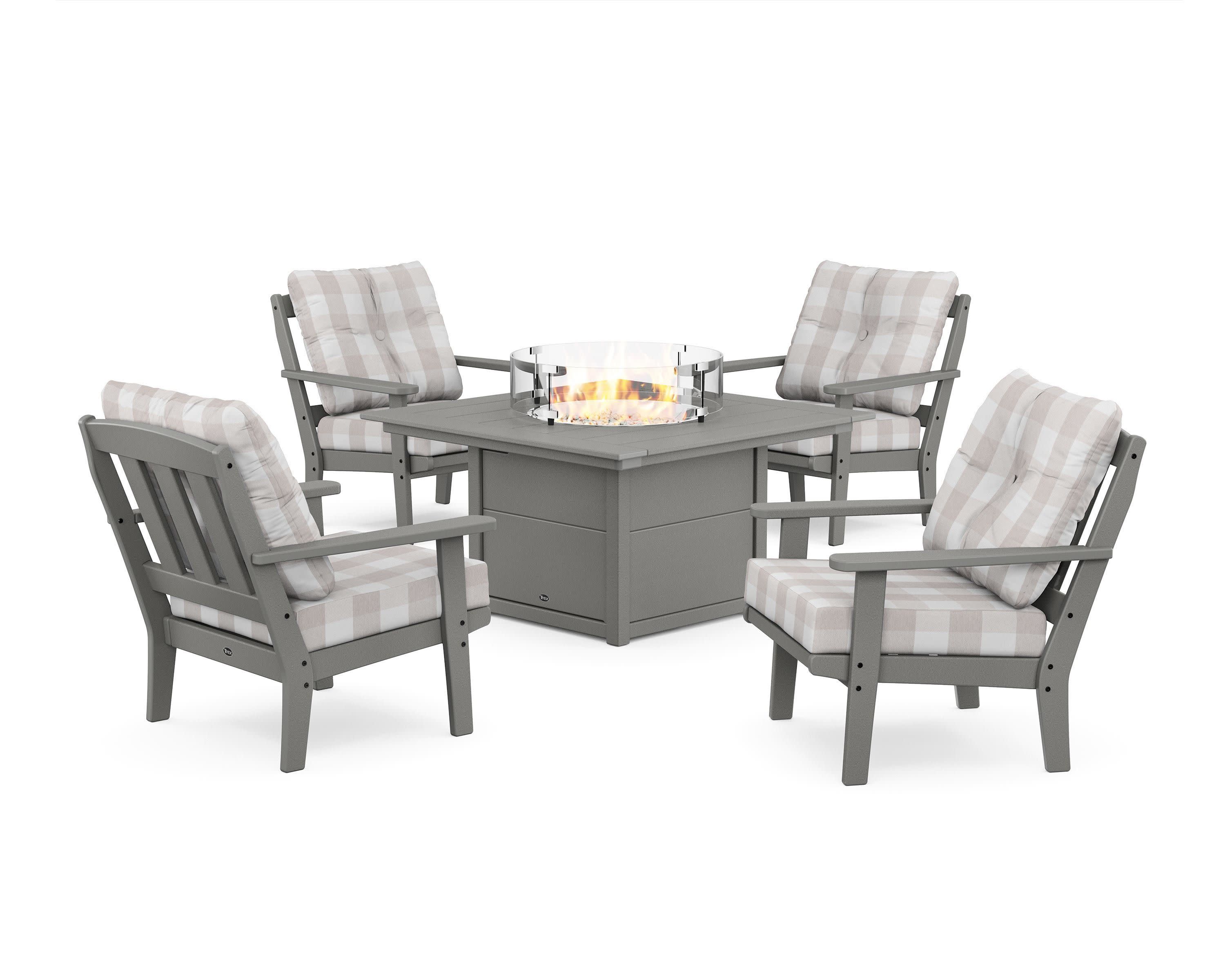 Cape Cod 5-Piece Deep Seating Set with Fire Pit Table in Stepping Stone / Buffalo Plaid Dune Burlap