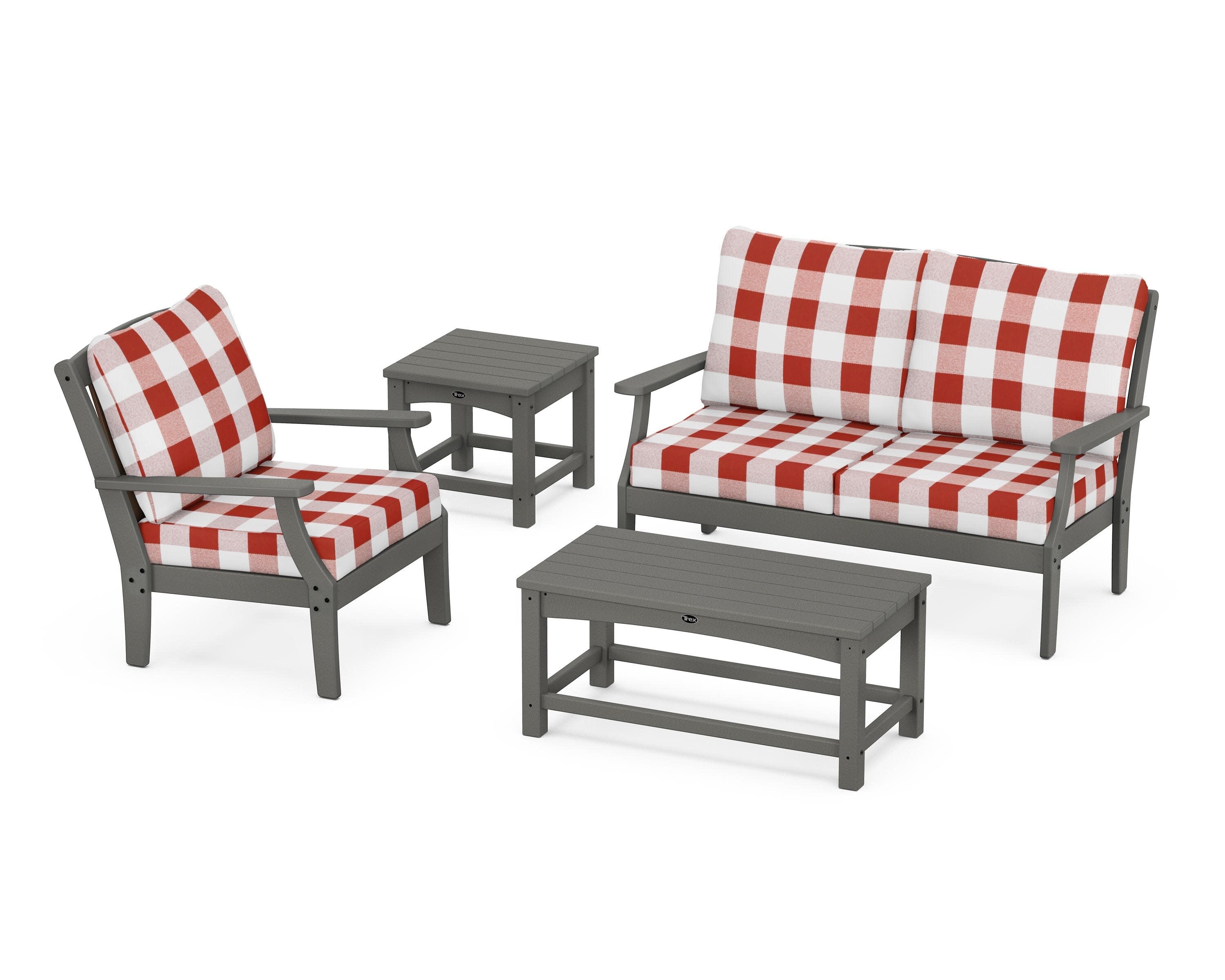Yacht Club 4-Piece Deep Seating Set in Stepping Stone / Buffalo Plaid Crimson