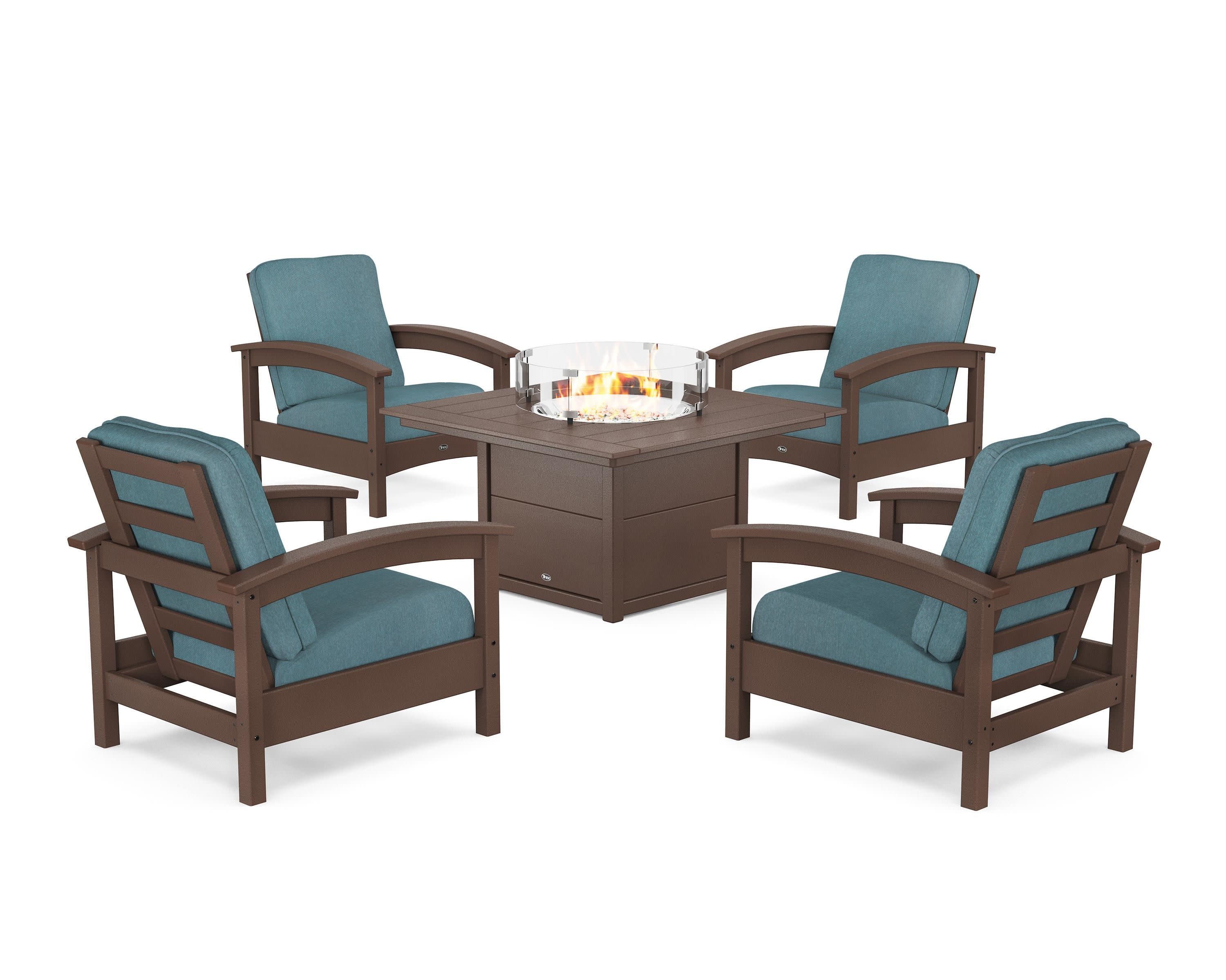 Rockport 5-Piece Deep Seating Set with Square Fire Pit Table in Vintage Lantern / Ocean Teal