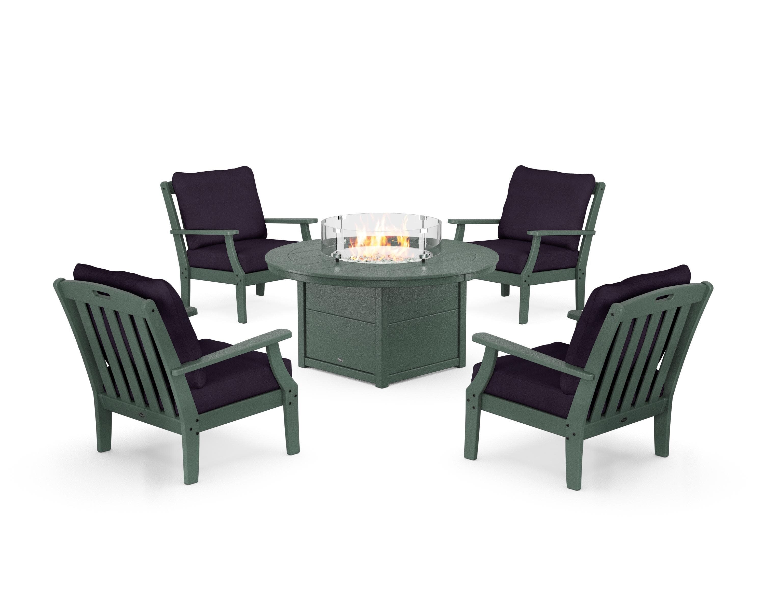 Yacht Club 5-Piece Deep Seating Set with Round Fire Pit Table in Rainforest Canopy / Navy Linen