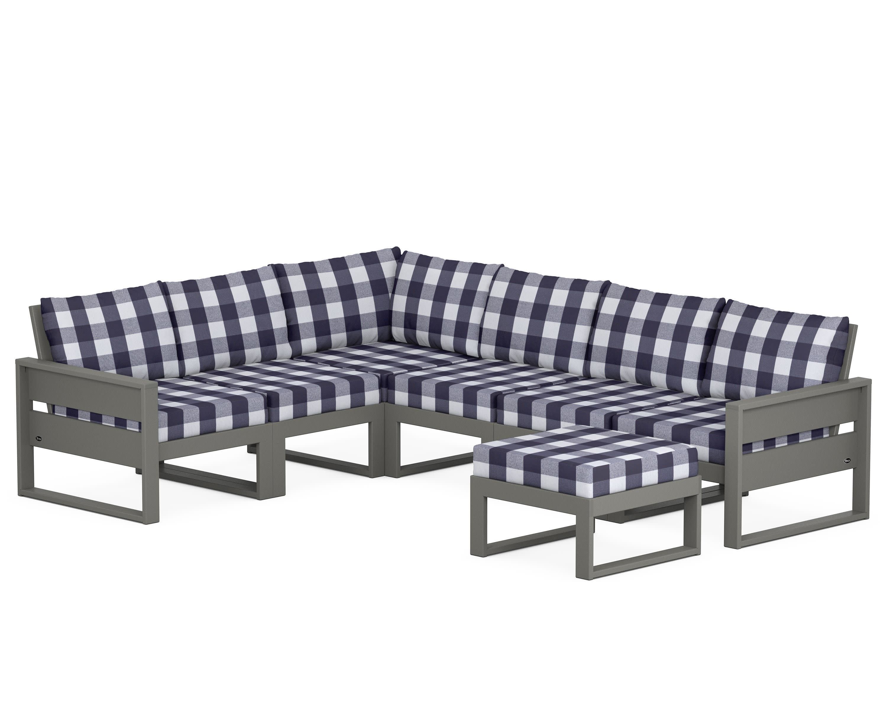 Eastport 6-Piece Sectional with Ottoman in Stepping Stone / Buffalo Plaid Navy