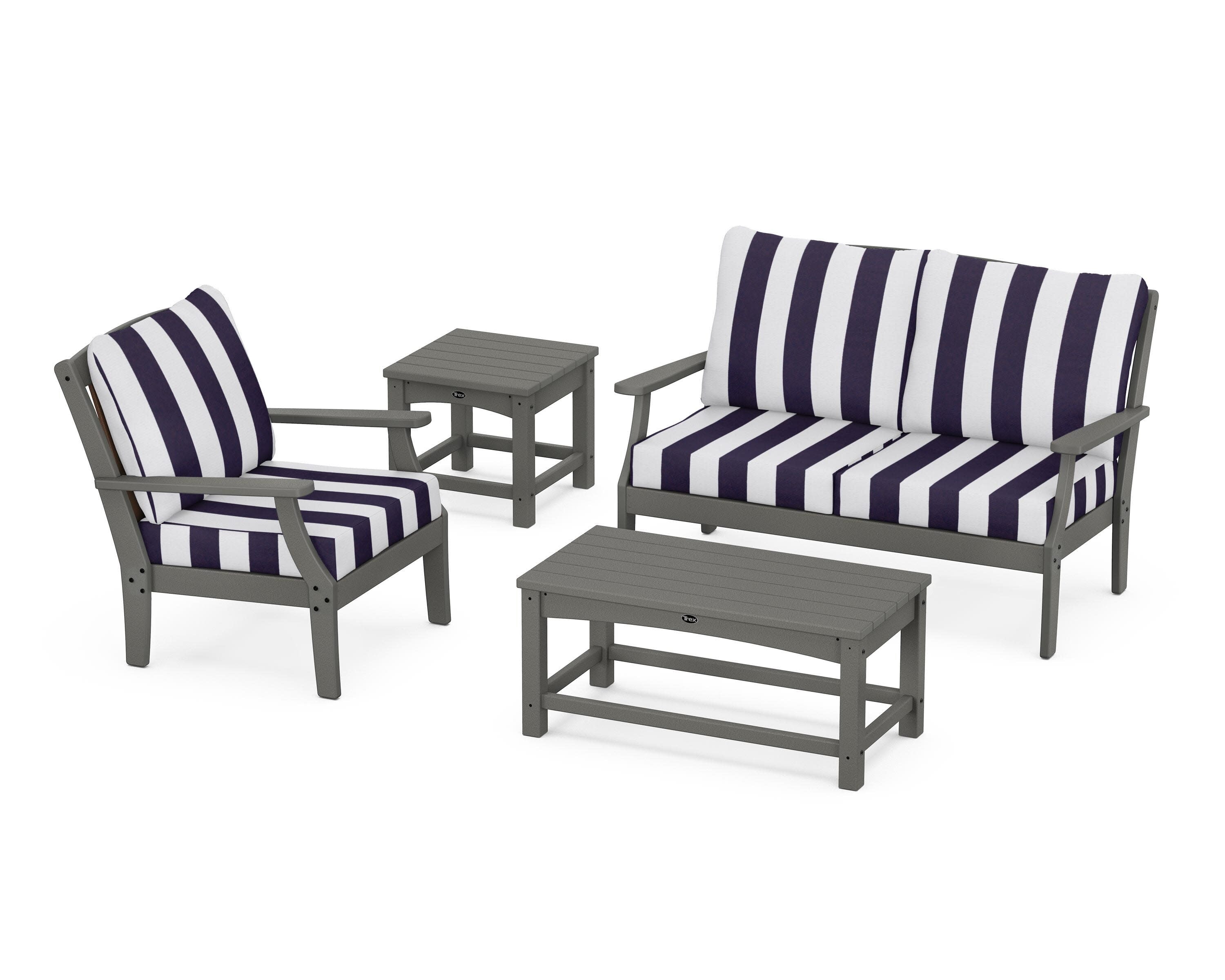 Yacht Club 4-Piece Deep Seating Set in Stepping Stone / Cabana Stripe Navy
