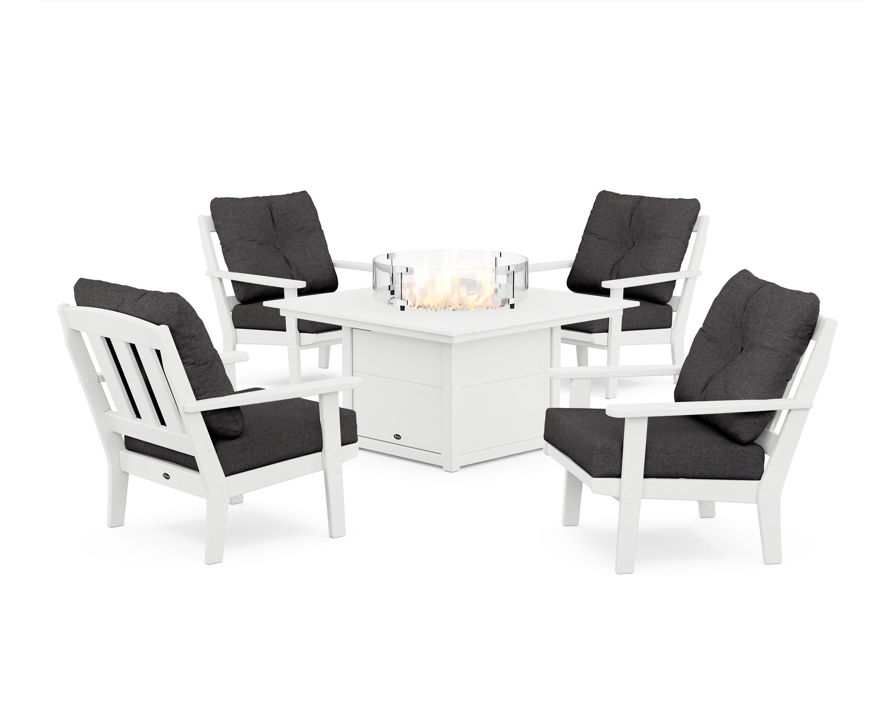 Cape Cod 5-Piece Deep Seating Set with Fire Pit Table in Classic White / Ash Charcoal