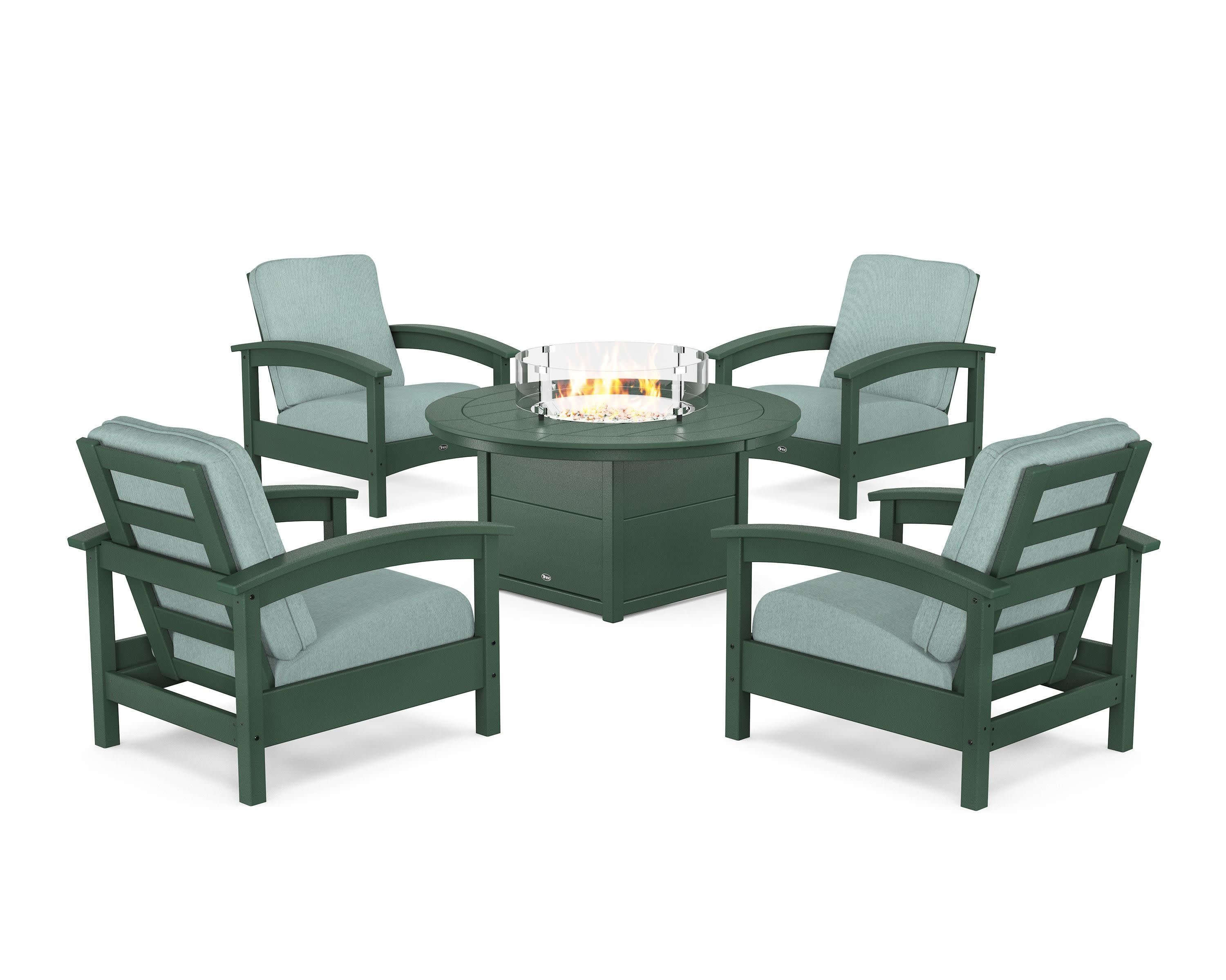 Rockport 5-Piece Deep Seating Set with Round Fire Pit Table in Rainforest Canopy / Glacier Spa