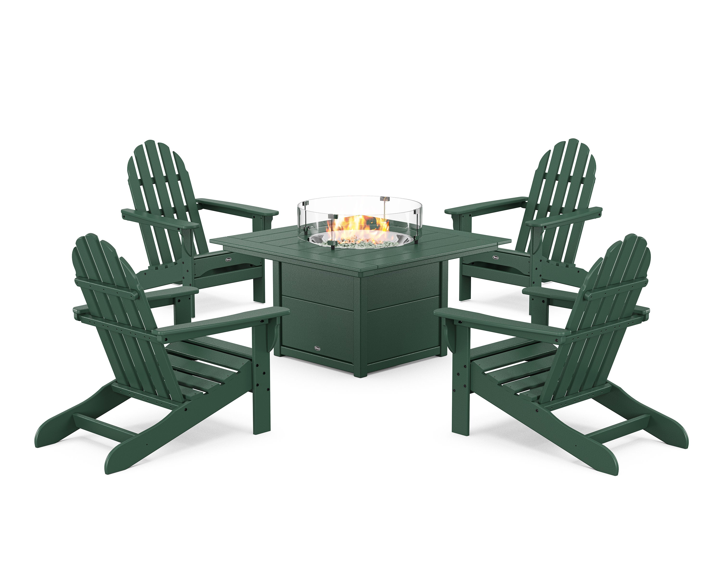 Cape Cod Adirondack 5-Piece Set with Square Fire Pit Table in Rainforest Canopy