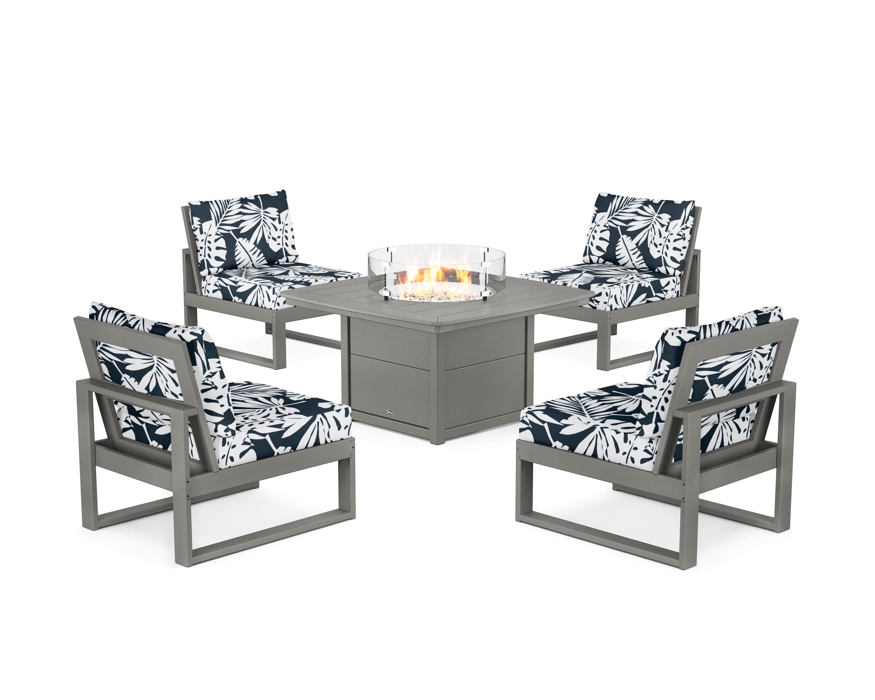 Eastport Modular 5-Piece Deep Seating Set with Yacht Club Fire Pit Table in Stepping Stone / Leaf Marine Indigo