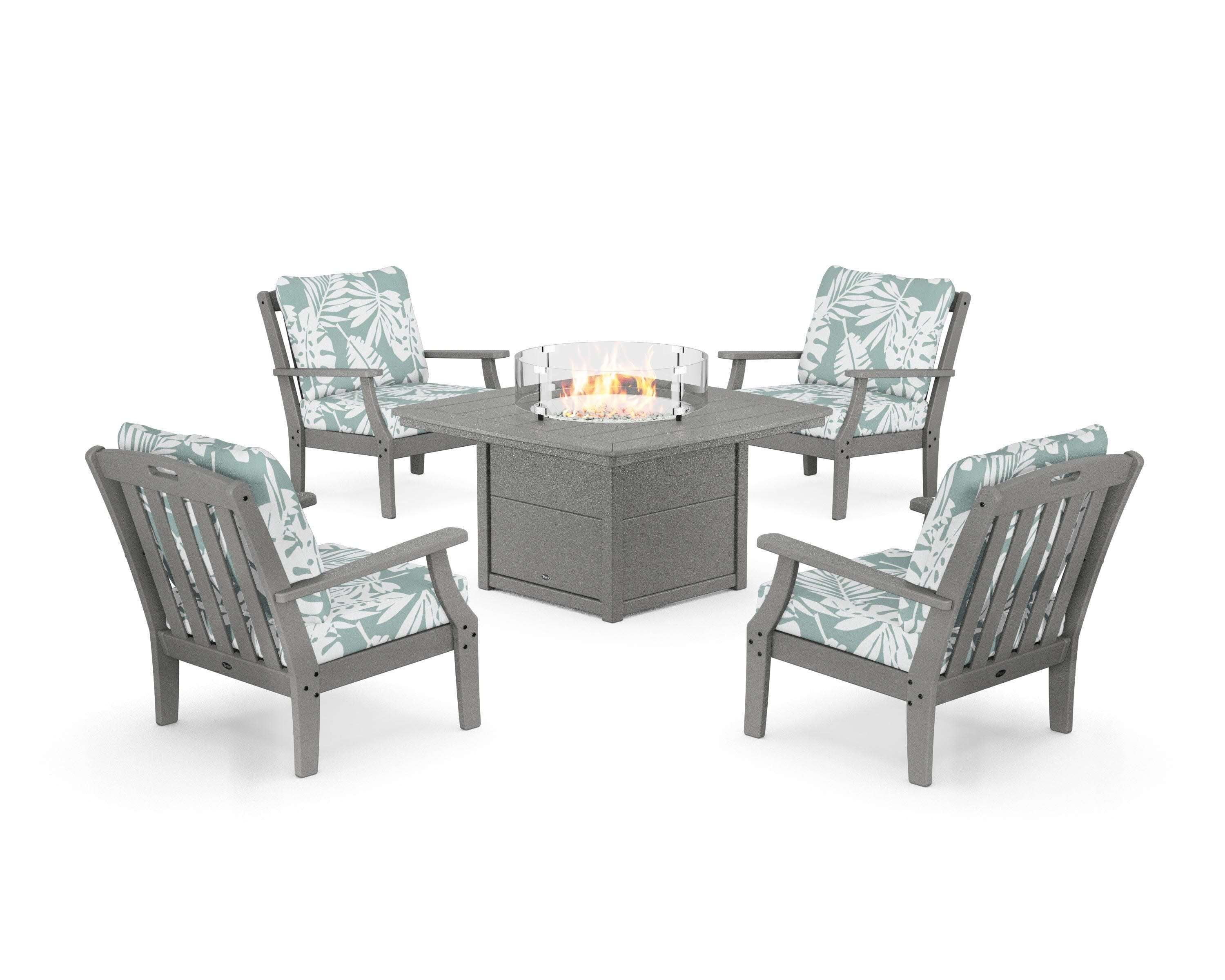 Yacht Club 5-Piece Deep Seating Set with Fire Pit Table in Stepping Stone / Leaf Glacier Spa