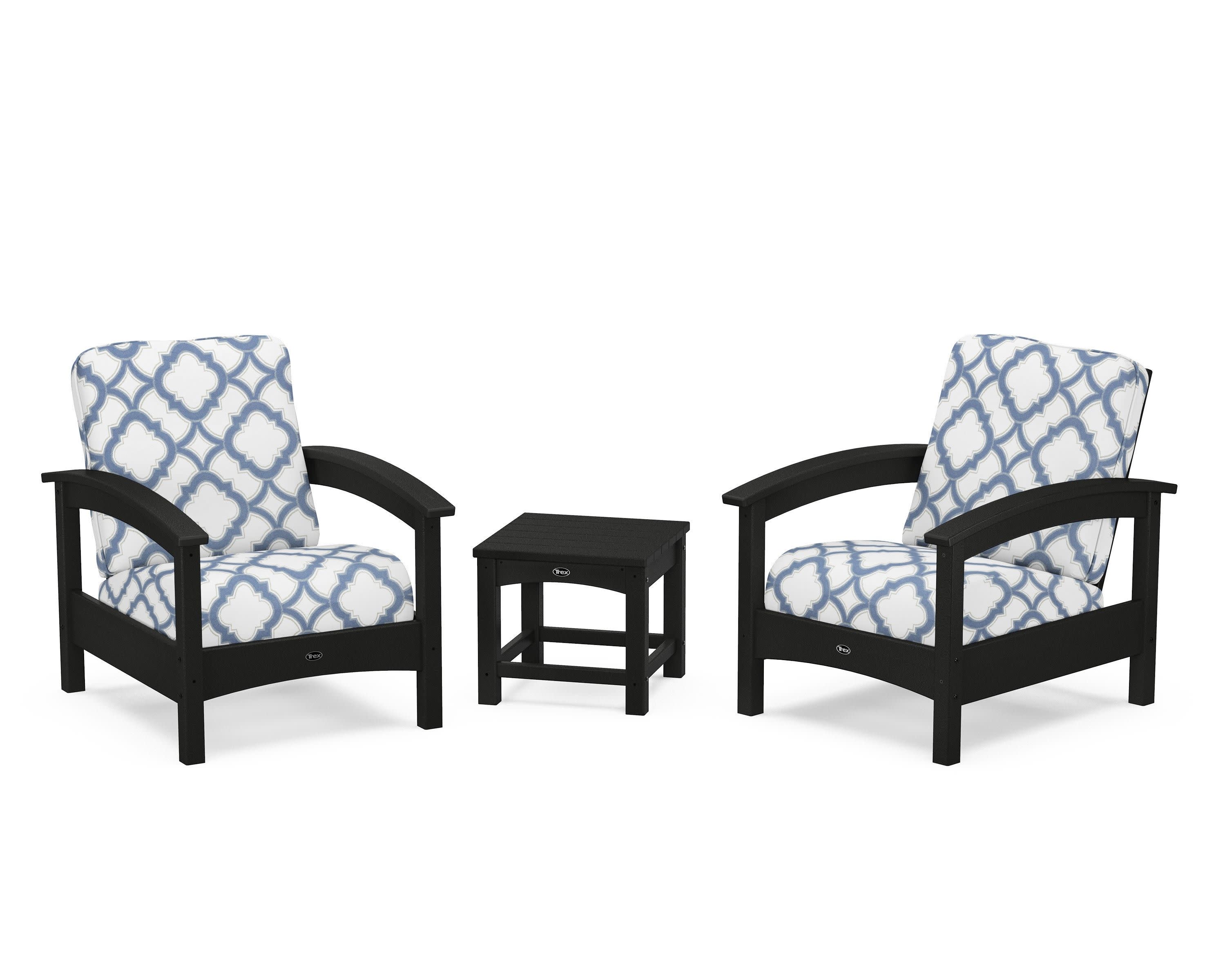 Rockport Club 3-Piece Deep Seating Conversation Set in Charcoal Black / Trellis Sky Blue