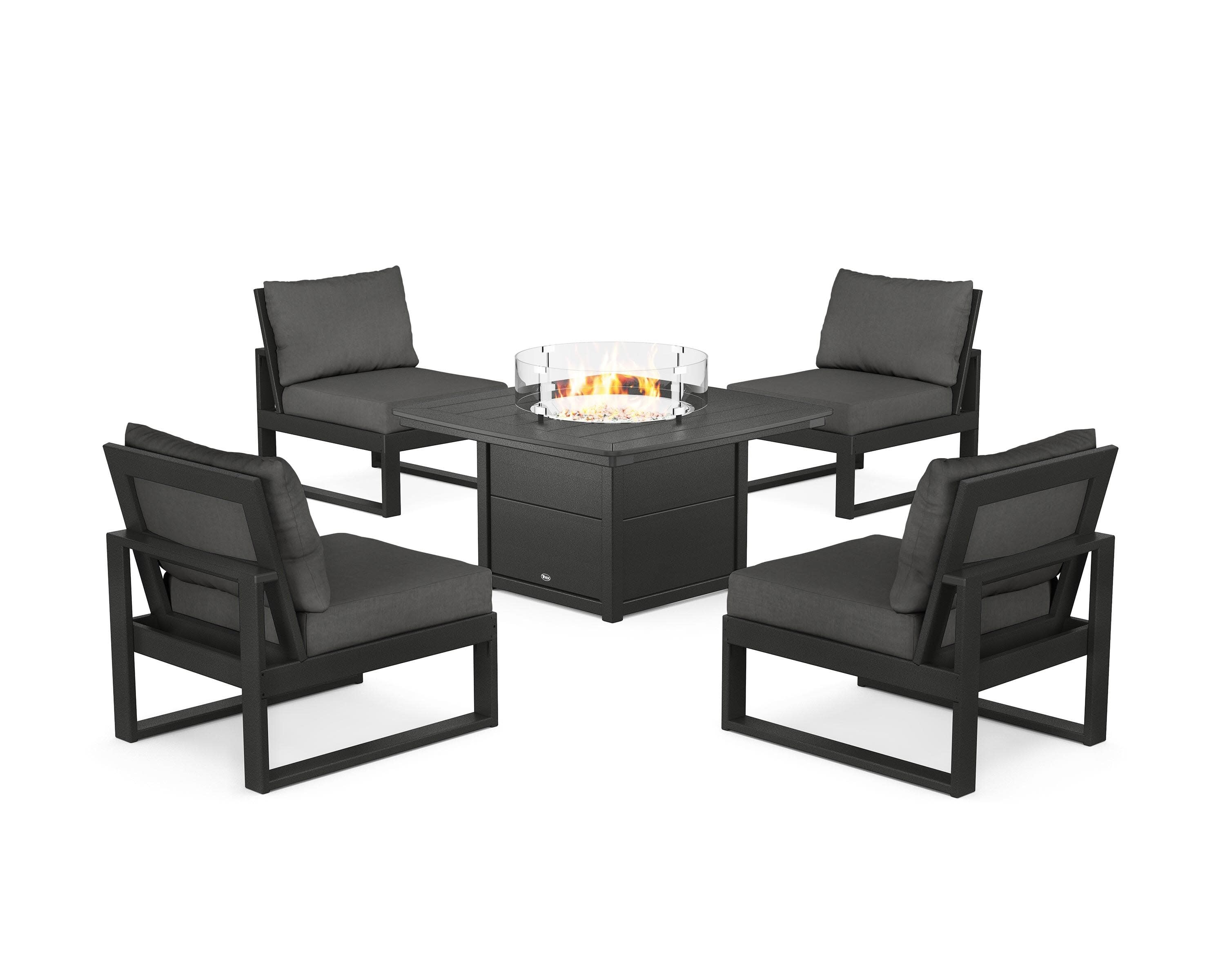 Eastport Modular 5-Piece Deep Seating Set with Yacht Club Fire Pit Table in Charcoal Black / Spectrum Carbon