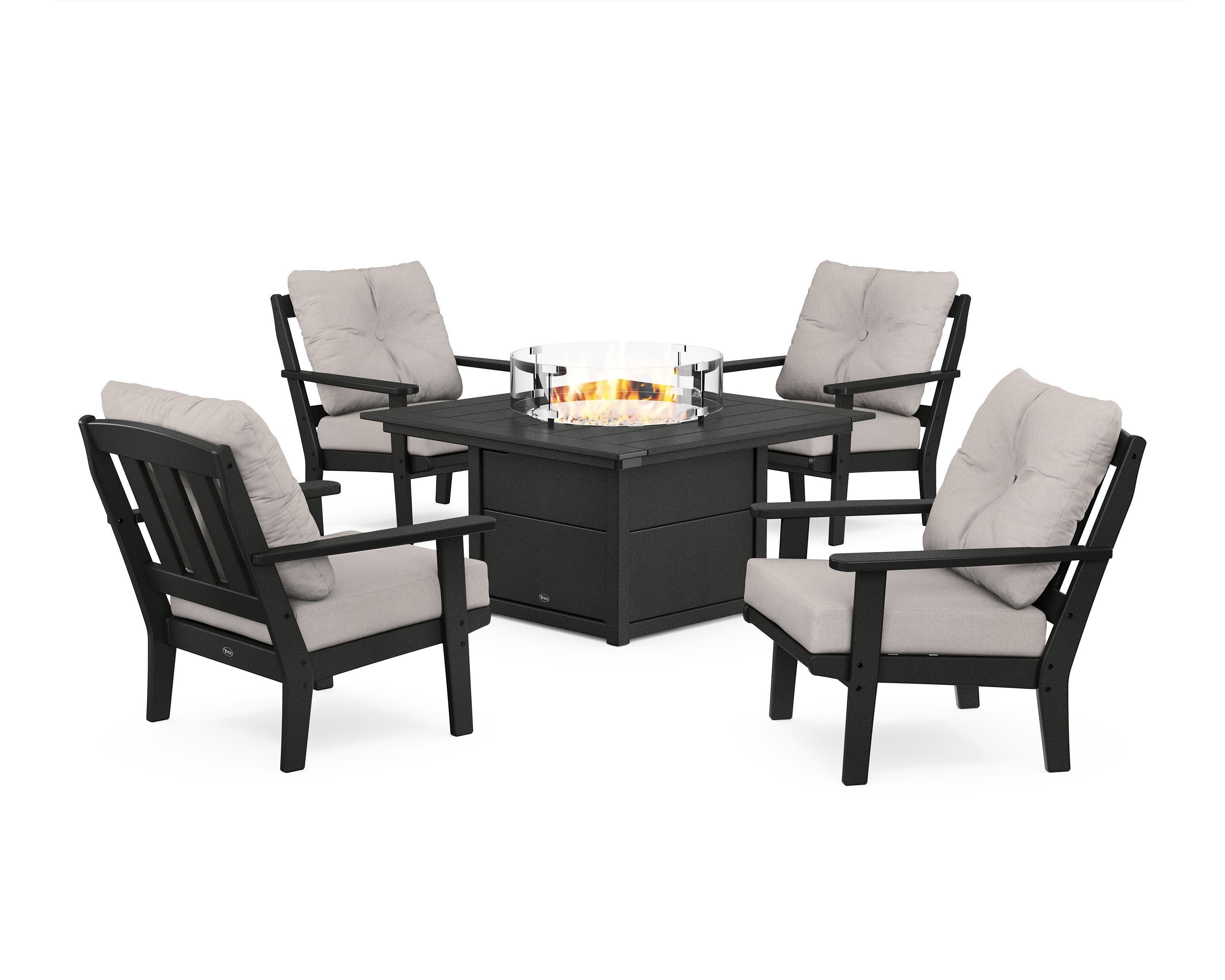 Cape Cod 5-Piece Deep Seating Set with Fire Pit Table in Charcoal Black / Dune Burlap