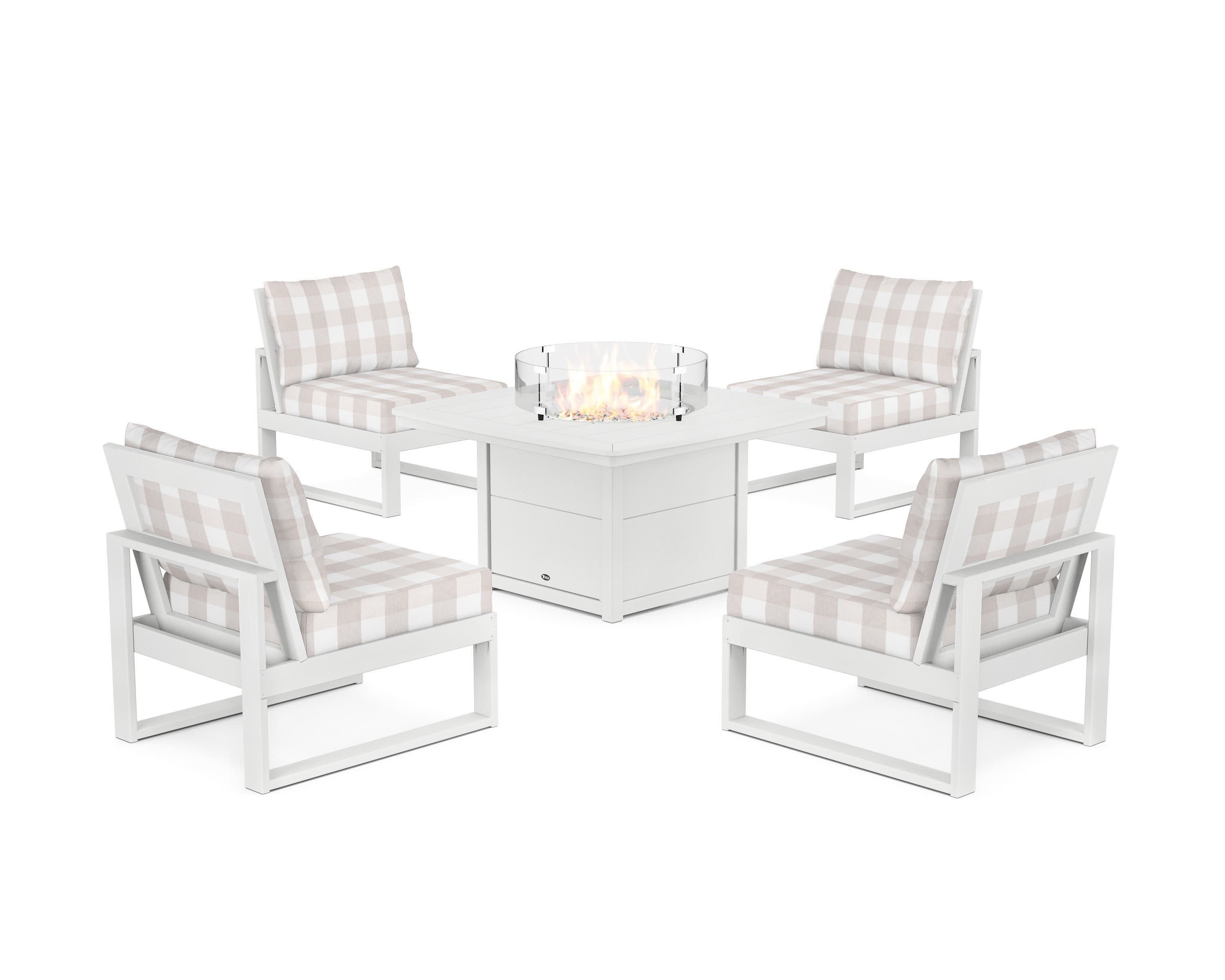 Eastport Modular 5-Piece Deep Seating Set with Yacht Club Fire Pit Table in Classic White / Buffalo Plaid Dune Burlap