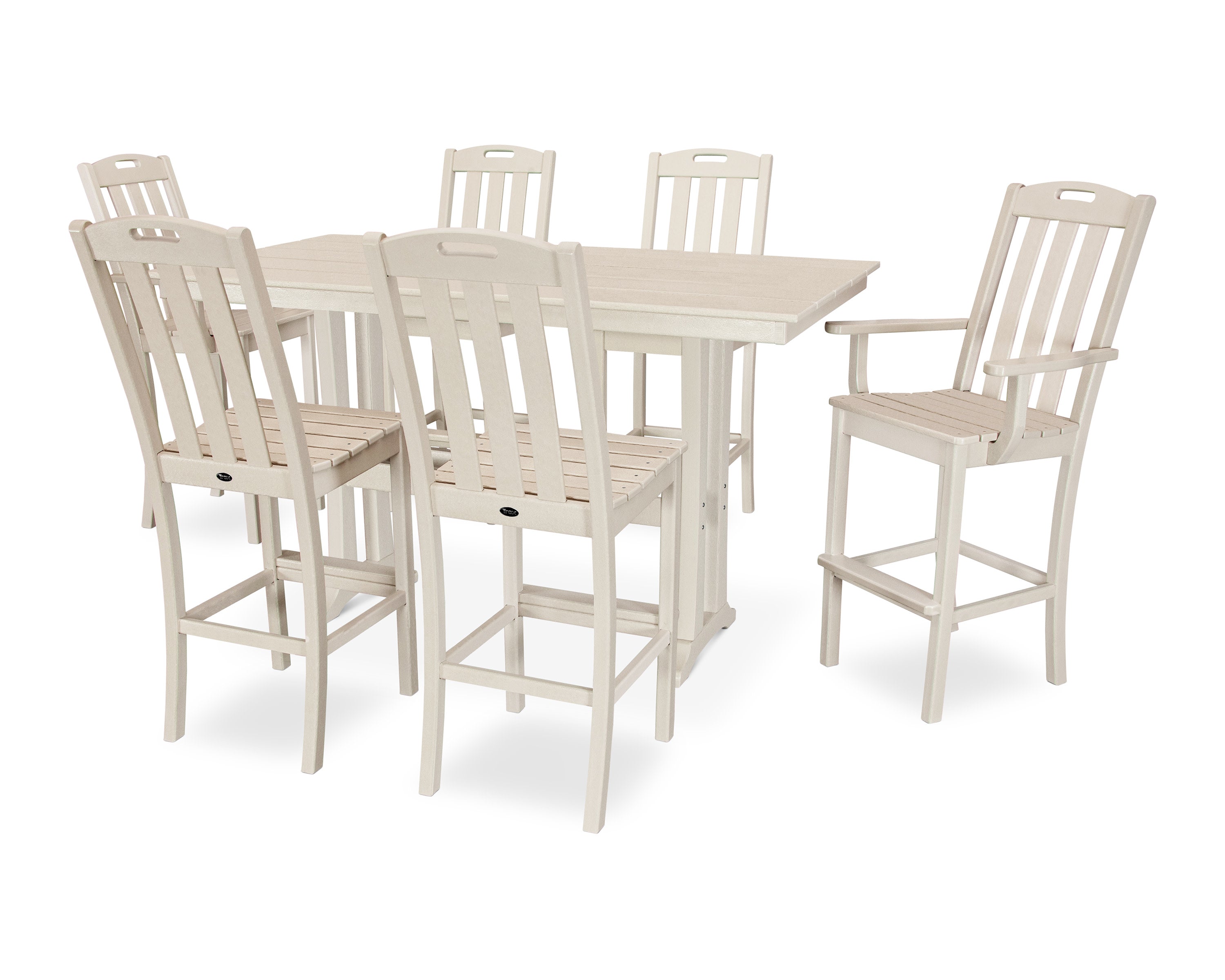 Yacht Club 7-Piece Farmhouse Trestle Bar Set in Sand Castle