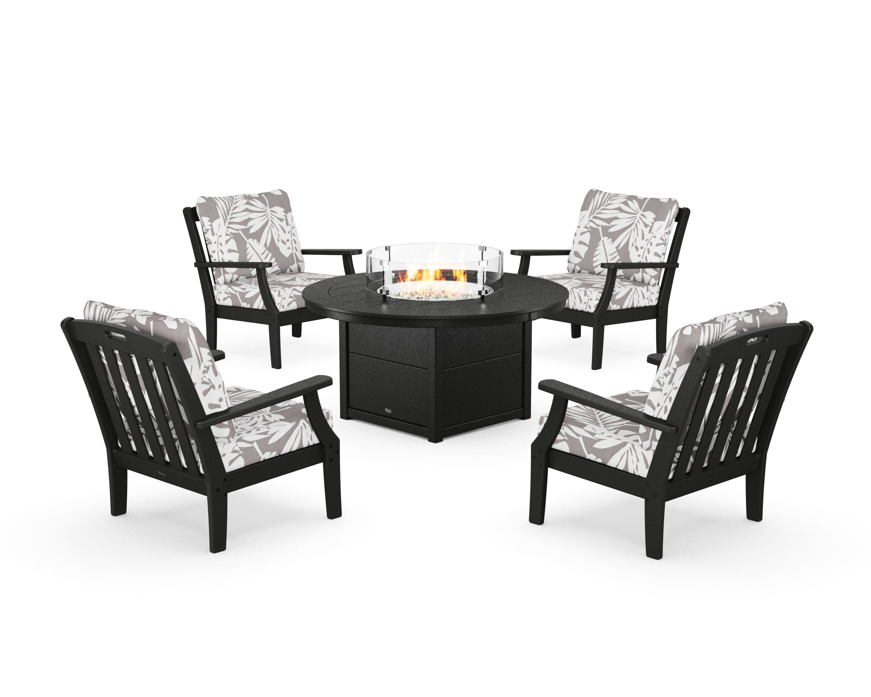 Yacht Club 5-Piece Deep Seating Set with Round Fire Pit Table in Charcoal Black / Leaf Grey Mist