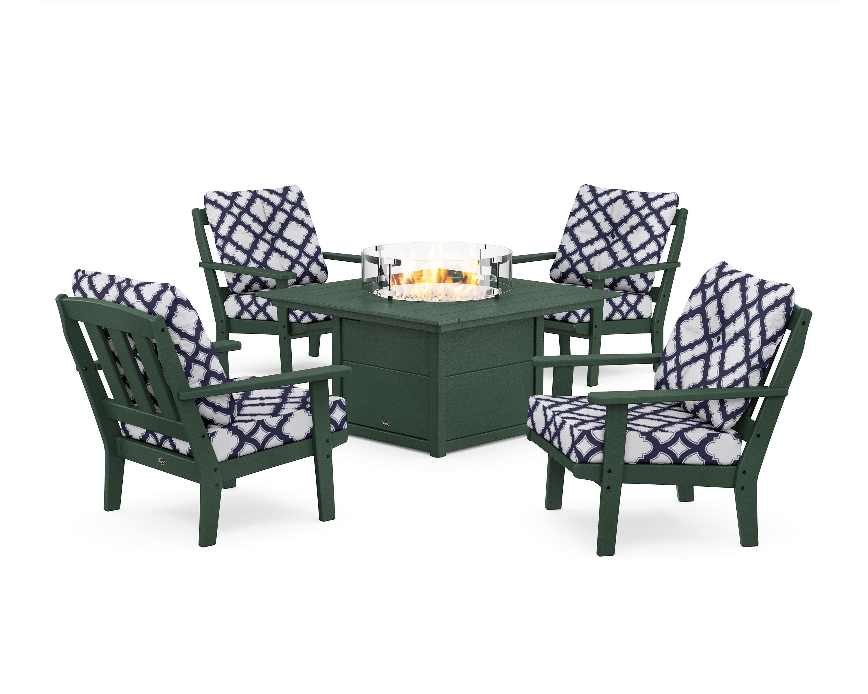Cape Cod 5-Piece Deep Seating Set with Fire Pit Table in Rainforest Canopy / Trellis Navy