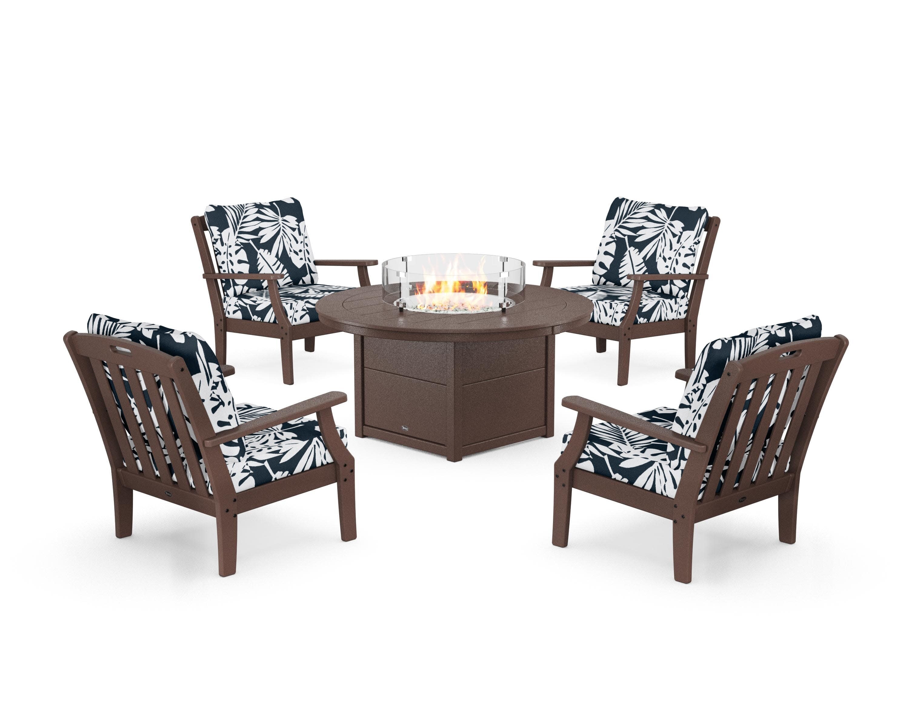 Yacht Club 5-Piece Deep Seating Set with Round Fire Pit Table in Vintage Lantern / Leaf Marine Indigo