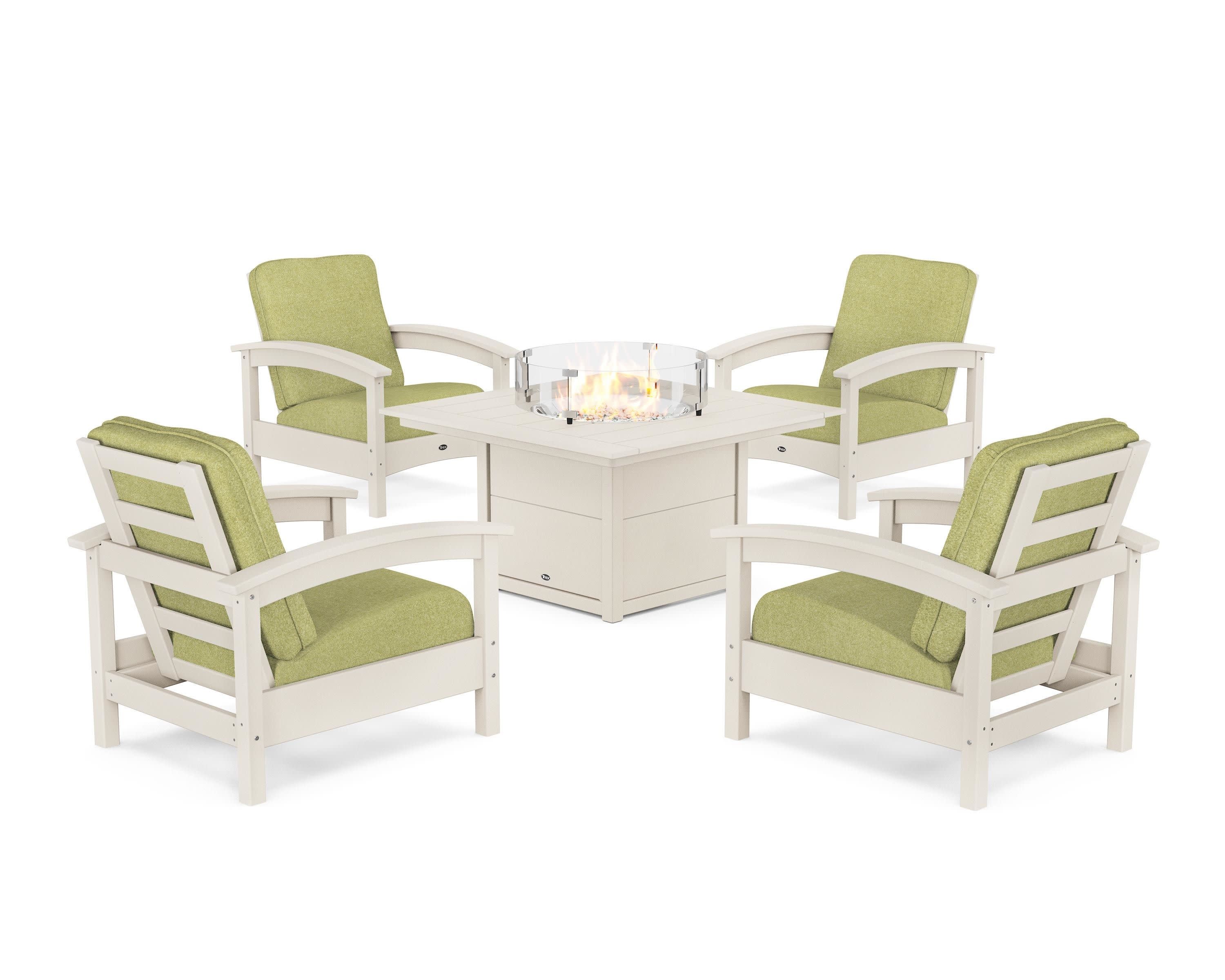 Rockport 5-Piece Deep Seating Set with Square Fire Pit Table in Sand Castle / Chartreuse Boucle